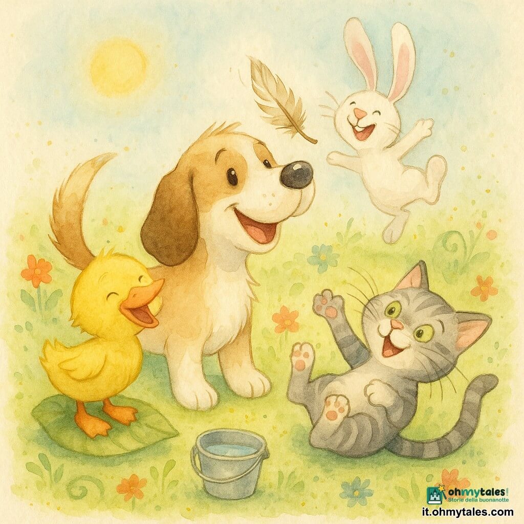 Un cane di nome Poldo, allegro e birichino, pelo beige e bianco, muso rotondo e orecchie lunghe, con la coda alzata guarda una piccola piuma sul naso, occhi sgranati e sorriso; una anatra gialla, Lalla, piume soffici, in piedi su una grande foglia a sinistra ride inclinando la testa; un gatto grigio, Tito, dal pelo striato e occhi verdi, è sdraiato a destra e gioca muovendo le zampe verso la piuma; un coniglio bianco, Bibo, con lunghe orecchie rosa, salta indietro ridendo; sfondo: prato verde con fiori colorati, un piccolo secchio d'acqua e cielo azzurro con sole giallo; la piuma svolazza tra gli amici in un gioco collettivo, atmosfera di amicizia e gioia, colori pastello e effetto acquerello.