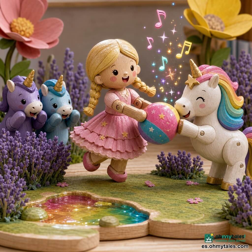 Una princesa sonriente y maravillada, de trenzas rubias brillantes y vestido rosa con volantes y pequeñas estrellas bordadas, sostiene una pelota colorida y salta ligeramente; a su derecha, una unicornio llamada Estrellita, blanca con crin arcoíris y una estrella en la frente, ríe y empuja la pelota con el hocico; a la izquierda, dos unicornio tímidas más pequeñas, una violeta y una azul, se esconden detrás de un arbusto de lavanda con ojos risueños y patas levantadas; el decorado es un jardín encantado sobre una mesa de madera clara con césped verde texturado, arbustos de lavanda, un charco brillante de gelatina arcoíris y flores gigantes de papel; la escena muestra a la princesa y los unicornios creando una nueva pelota mágica hecha de risas, con pequeñas notas musicales y chispas de colores elevándose de la pelota; estilo: diorama de juguetes de madera, texturas mates, colores vivos y contrastados, luces suaves, composición centrada y fácilmente legible para un niño de 4 años.