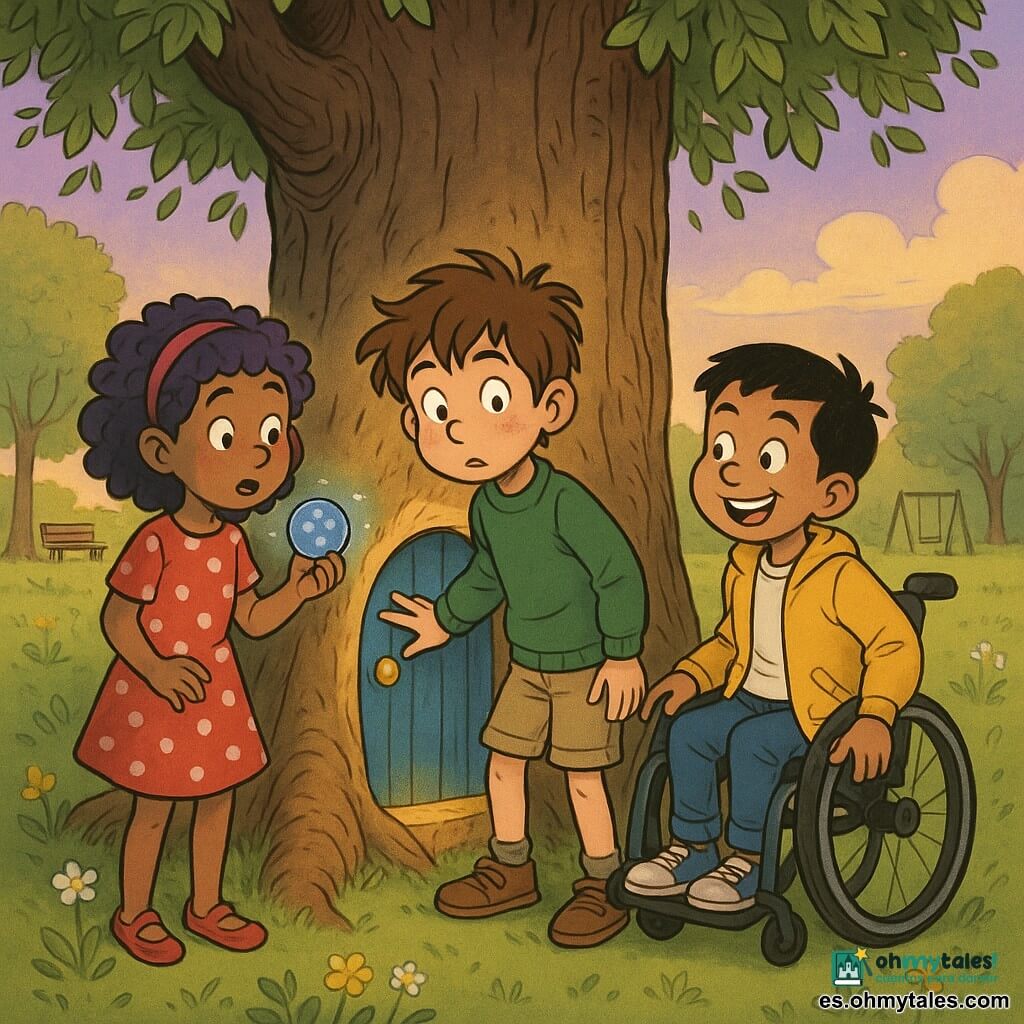 Hay tres niños: Nico, unos 9 años, pelo castaño alborotado, ojos curiosos, con suéter verde y pantalón corto beige, en el centro con la mano sobre una pequeña puerta redonda azul incrustada en el tronco de un viejo roble; Lila, unos 9 años, cabello rizado violeta con diadema, vestido rojo con lunares blancos y una pequeña bolsa de canicas, a la izquierda de Nico, inclinada y sosteniendo una canica brillante que refleja una mini-constelación; Tomás, unos 9 años, en silla de ruedas, pelo negro corto, chaqueta amarilla y amplia sonrisa, a la derecha de Nico con la mano en la rueda listo para avanzar. Escena: parque vespertino transformado en decorado mágico con césped y flores, un cielo ligeramente violeta con nubes suaves, una luz dorada emanando de la rendija de la puerta y hojas que susurran; fondo con siluetas difusas de banco y columpio. Los tres miran la puerta con asombro y determinación, composición centrada, colores vivos y estilo cómic europeo con contornos negros y sombras suaves.