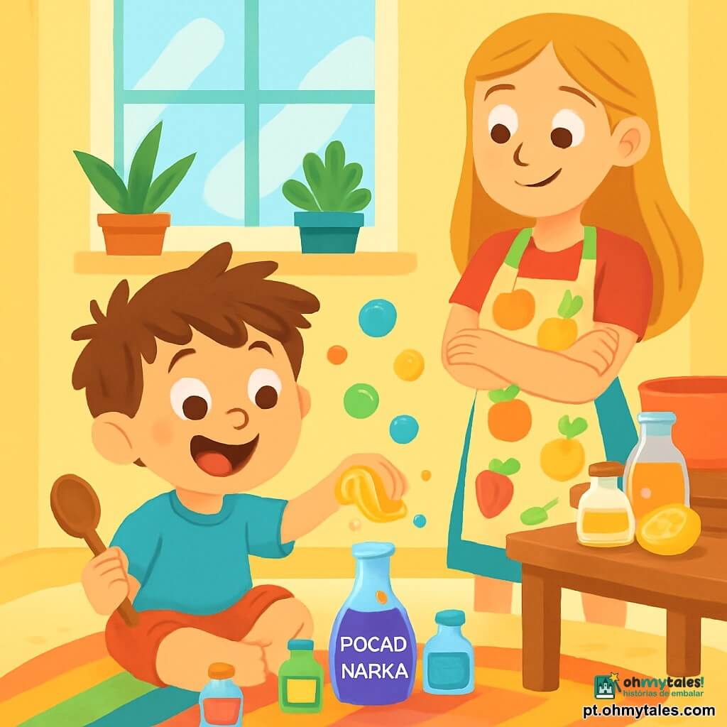 Um garoto de 4 anos, Léo, com cabelos castanhos bagunçados e olhos brilhantes de travessura, está sentado no chão, cercado por pequenos frascos coloridos. Ele tem um grande sorriso alegre e bochechas rosadas, segurando uma colher de madeira em uma mão, enquanto a outra mão aperta um limão, fazendo algumas gotas saírem. Ao lado dele, sua mãe, uma mulher de cerca de 30 anos, com cabelos longos e loiros, sorri ternamente, de braços cruzados, observando seu filho com orgulho. Ela usa um avental colorido com estampas de frutas, perto de uma mesa de madeira onde estão dispostos vários ingredientes. A cena acontece em uma cozinha iluminada e acolhedora, com paredes pintadas de amarelo pastel e janelas que deixam entrar a luz do sol. Plantas em vasos estão dispostas na janela, e um bonito tapete colorido está estendido no chão. Léo está criando uma poção mágica, misturando ingredientes em um pequeno frasco, enquanto bolhas coloridas escapam e dançam no ar, criando uma atmosfera alegre e lúdica.