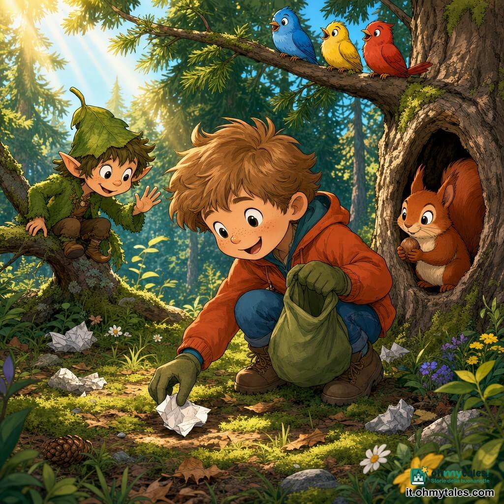 Un bambino di 6 anni dal viso rotondo e lentigginoso, capelli castano chiaro spettinati, sguardo gioioso e sorriso; è accovacciato a raccogliere un biglietto di carta con una mano guantata e tiene una borsa di stoffa verde nell'altra; un piccolo folletto della foresta (creatura non umana) su un ramo basso con cappello di foglie e giacca verde muschio, occhi maliziosi, lo incoraggia; uno scoiattolo rosso dagli occhi vivaci tiene una nocciola e osserva da un tronco cavo a destra; tre uccelli colorati su un ramo sopra cantano e guardano, piume blu, gialle e rosse; luogo: radura in una foresta di conifere con foglie e muschio a terra, raggi di sole dorati, fiori selvatici e alcune cartacce accartocciate; situazione: momento ottimistico in cui il bambino raccoglie rifiuti per pulire la radura, circondato dal folletto e dagli animali che lo ringraziano, composizione calda, colori vivaci, tratti nitidi ed espressioni leggibili.
