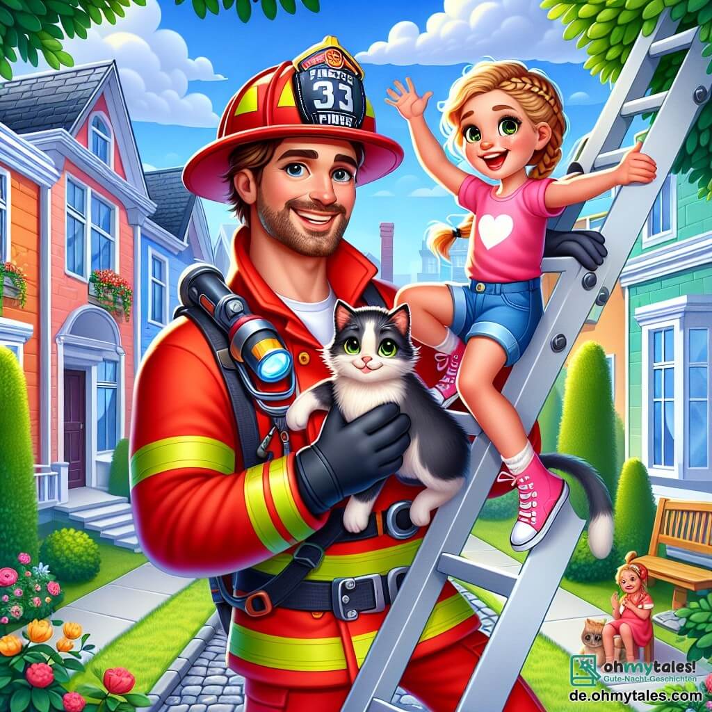 Ein Feuerwehrmann, ein Mann in den Dreißigern mit braunen Haaren und einem gepflegten Bart, trägt eine leuchtend rote Uniform und einen glänzenden Helm. Er hat ein warmes Lächeln im Gesicht, das seine Entschlossenheit und Begeisterung zeigt, während er von einer Leiter mit einer Katze in den Armen heruntersteigt. Neben ihm springt ein etwa 10-jähriges Mädchen mit langen, geflochtenen blonden Haaren und funkelnden Augen vor Freude in die Höhe, die Arme zum Sieg erhoben, und schaut mit einem großen Lächeln auf ihre Katze. Die Szene spielt sich vor einem bunten Stadthaus ab, mit Blumen im Garten und einem blauen Himmel, der mit weißen Wolken durchzogen ist. Das Haus ist von grünen Bäumen umgeben, und eine kleine gepflasterte Straße führt zur Eingangstür. Die Hauptsituation zeigt den Feuerwehrmann, der gerade die Katze aus einem Baum gerettet hat, während das Mädchen ihre Freude und Dankbarkeit ausdrückt, was eine Atmosphäre von Glück und Freundschaft schafft.