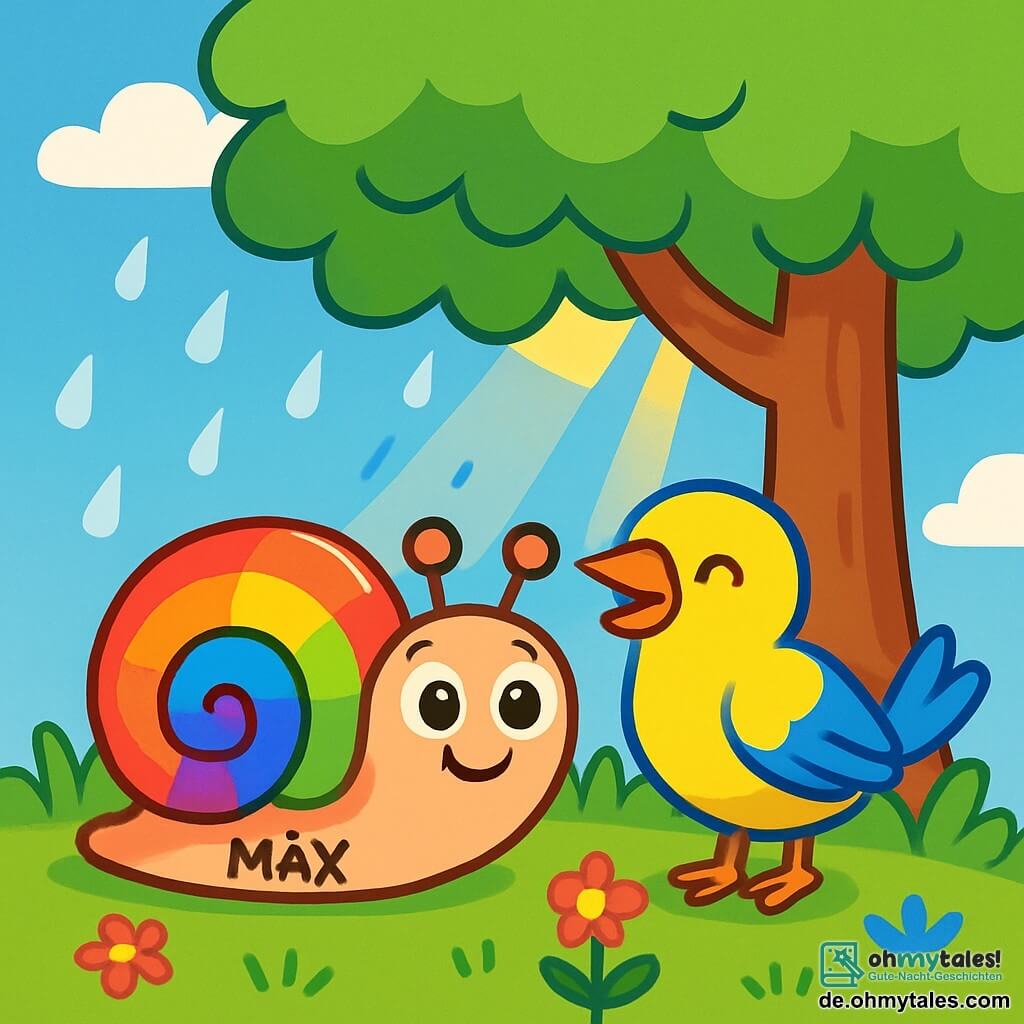 Eine kleine Schnecke namens Max, mit einer glänzenden, regenbogenfarbenen Schale, versteckt sich unter einem großen Baum. Seine Augen sind groß und neugierig, und er wirkt erleichtert und fröhlich. Neben ihm schaut ein Vogel mit gelben und blauen Federn, der freundlich lächelt, wohlwollend auf Max. Der Boden ist mit frischem, grünem Gras und bunten kleinen Blumen bedeckt. Darüber ist ein hellblauer Himmel mit einigen weißen Wolken, und ein Sonnenstrahl bricht durch die Blätter des Baumes. Max versteckt sich unter dem Baum, um dem Regen zu entkommen, während der Vogel fröhlich singt und eine warme, freundliche Atmosphäre schafft.