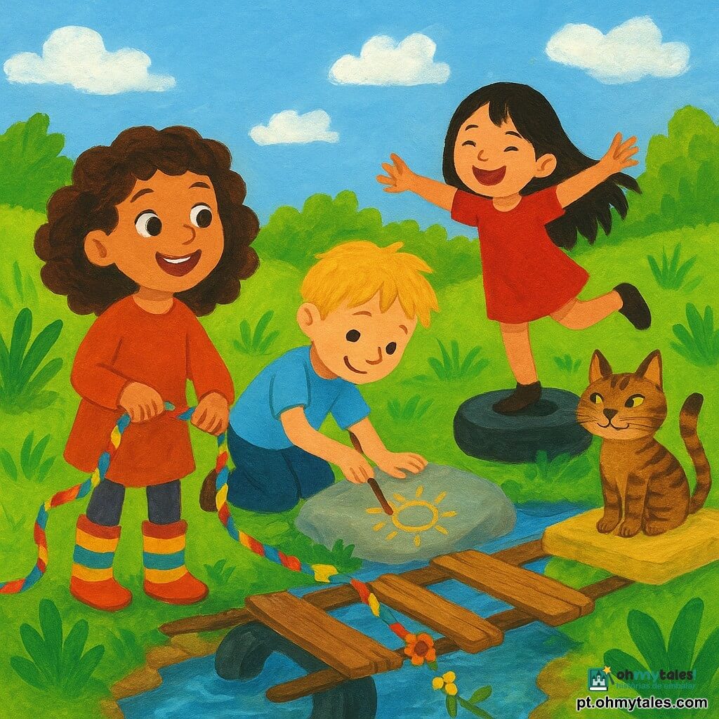 Uma menina de 6 ans, chamada Nina, com cabelos castanhos cacheados e olhos brilhantes, sorri com entusiasmo. Ela usa botas coloridas e segura uma corda multicolorida. Ao lado dela, um menino de 7 anos, Tomás, com cabelos loiros despenteados, desenha em uma pedra com um graveto, concentrado e alegre. Uma menina de 6 anos, Lila, com cabelos longos e pretos, imita um pássaro rindo, em pé sobre um pneu velho. Um gato tigrado chamado Mimo, com uma expressão travessa, está sobre um velho colchão, com as orelhas em pé. O cenário é um pequeno riacho cercado por vegetação exuberante, com uma ponte feita de tábuas, pneus e cordas, decorada com guirlandas de flores e folhas. A cena principal mostra as crianças construindo uma ponte alegre e colorida, cheia de criatividade e risos, sob um céu azul salpicado de nuvens brancas.