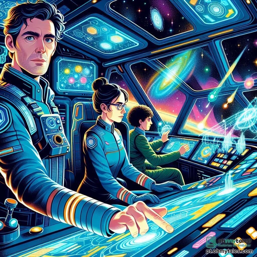 Um homem, o comandante Dário Vasques, está de pé na cabine da nave Aurora, com um olhar determinado e maravilhado. Ele tem cabelos castanhos ligeiramente desgrenhados, olhos vivos e um uniforme espacial azul com detalhes prateados, segurando um painel de controle luminoso. Ao seu lado, uma mulher, Luana, engenheira-chefe de cerca de 30 anos, com cabelos negros em coque e óculos, ajusta botões em um painel, exibindo uma expressão concentrada. Um jovem, Malik, astrofísico de 25 anos, com cabelos cacheados e um traje espacial verde, examina hologramas flutuantes, com os olhos brilhando de excitação. A cabine está cheia de luzes cintilantes e telas holográficas mostrando mapas estelares e dados. Do lado de fora, uma vista espetacular do espaço, com estrelas cintilantes e uma nebulosa colorida ao fundo, envolve a nave em uma atmosfera de mistério. A situação principal mostra Dário e sua equipe navegando em direção a uma estação espacial misteriosa, cercada por nuvens de poeira cósmica, enquanto se preparam para um contato histórico com uma civilização extraterrestre.