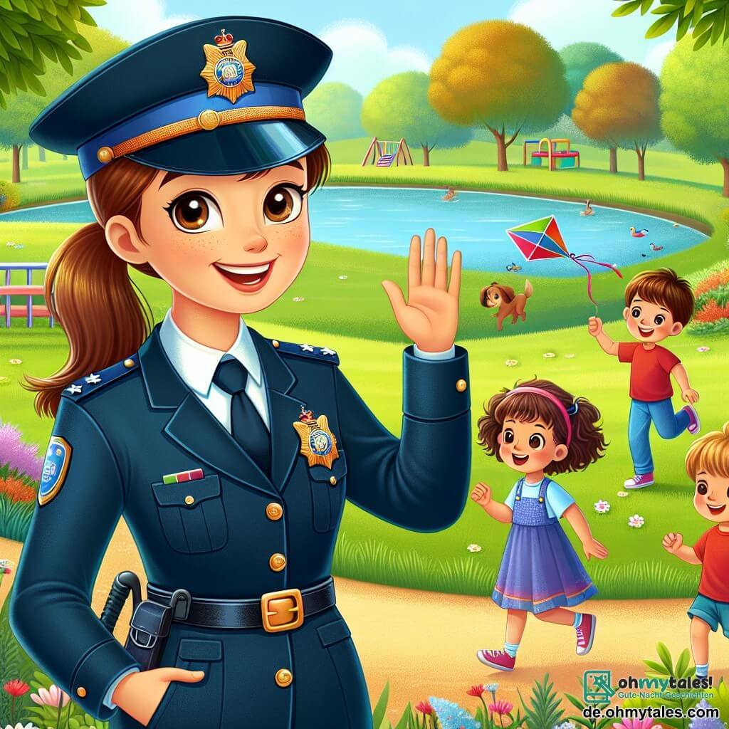 Eine junge Polizistin, Paula, lächelt und strahlt Energie aus. Sie trägt eine glänzende marineblaue Uniform mit einer Mütze. Ihre braunen Haare sind zu einem Pferdeschwanz gebunden und ihre Augen funkeln vor Freude. Sie steht im Zentrum des Parks und winkt den Kindern zu. Um sie herum spielen mehrere Kinder im Alter von 6 bis 8 Jahren fröhlich. Ein Junge mit blonden Haaren in einem roten T-Shirt läuft mit einem bunten Drachen. Ein Mädchen mit lockigem Haar in einem rosa Kleid nähert sich Paula mit einem großen Lächeln, neugierig auf ihren Beruf. Der Park ist grün mit majestätischen Bäumen, leuchtenden Blumen und einem Kiesweg, der sich zwischen den Spielplätzen schlängelt. In der Ferne sieht man einen kleinen See, in dem Enten friedlich schwimmen. Paula erklärt den Kindern begeistert und freundlich, was eine Polizistin macht, während sie aufmerksam ihren Geschichten lauschen.