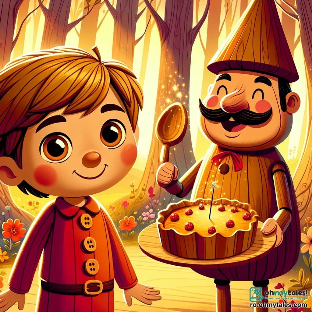 Pinocchio, un băiat tânăr din lemn cu ochi strălucitori și un zâmbet radiant, stă în centrul scenei, cu brațele deschise, plin de bucurie și uimire. Pielea lui este netedă și brună, iar părul este din paie aurii, purtând o cămașă roșie cu nasturi din lemn. Lângă el, Gepo, un bărbat jovial de aproximativ 30 de ani, cu o mustață mare și o pălărie în formă de con, zâmbește ținând o lingură mare din lemn, pregătit să servească o felie din prăjitura magică. În fundal, se întinde o pădure fermecată, cu copaci cu trunchiuri răsucite și frunze multicolore, în timp ce flori cântă vesel în jurul lor. Scena emană o atmosferă de magie și fericire, în timp ce Pinocchio și Gepo se pregătesc să împărtășească creația lor delicioasă, înconjurați de lumina aurie a soarelui filtrând prin crengi.