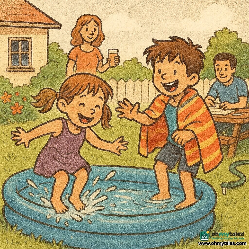 Six-year-old Mila, smiling and joyful, light brown hair in two wet pigtails, wearing a light purple dress, cautiously jumps into a small blue inflatable pool making a small splash; her six-year-old twin brother Max, tousled brown hair, wearing a striped cape-towel over his shoulders, laughs and reaches toward her from the pool edge in a playful, heroic pose. The mother (about 30–35) stands on the terrace near a wooden picnic table holding a glass of lemonade with a tender look and soft smile. The father (about 30–35) sits at the table with a large sheet of paper and crayons, amused, with a little water on his knees. Bright garden with green lawn, colorful border flowers, a house with a white picket fence and a dripping hose in the background. Main scene: joyful, shared moment—twins make a synchronized small splash, sparkling droplets, crumpled striped towels, soggy drawings floating, whole family smiling. Graphic style: ink-and-paper textures, warm slightly faded colors, soft lines and slightly grainy contours like a newspaper print, composition centered on the pool and children.