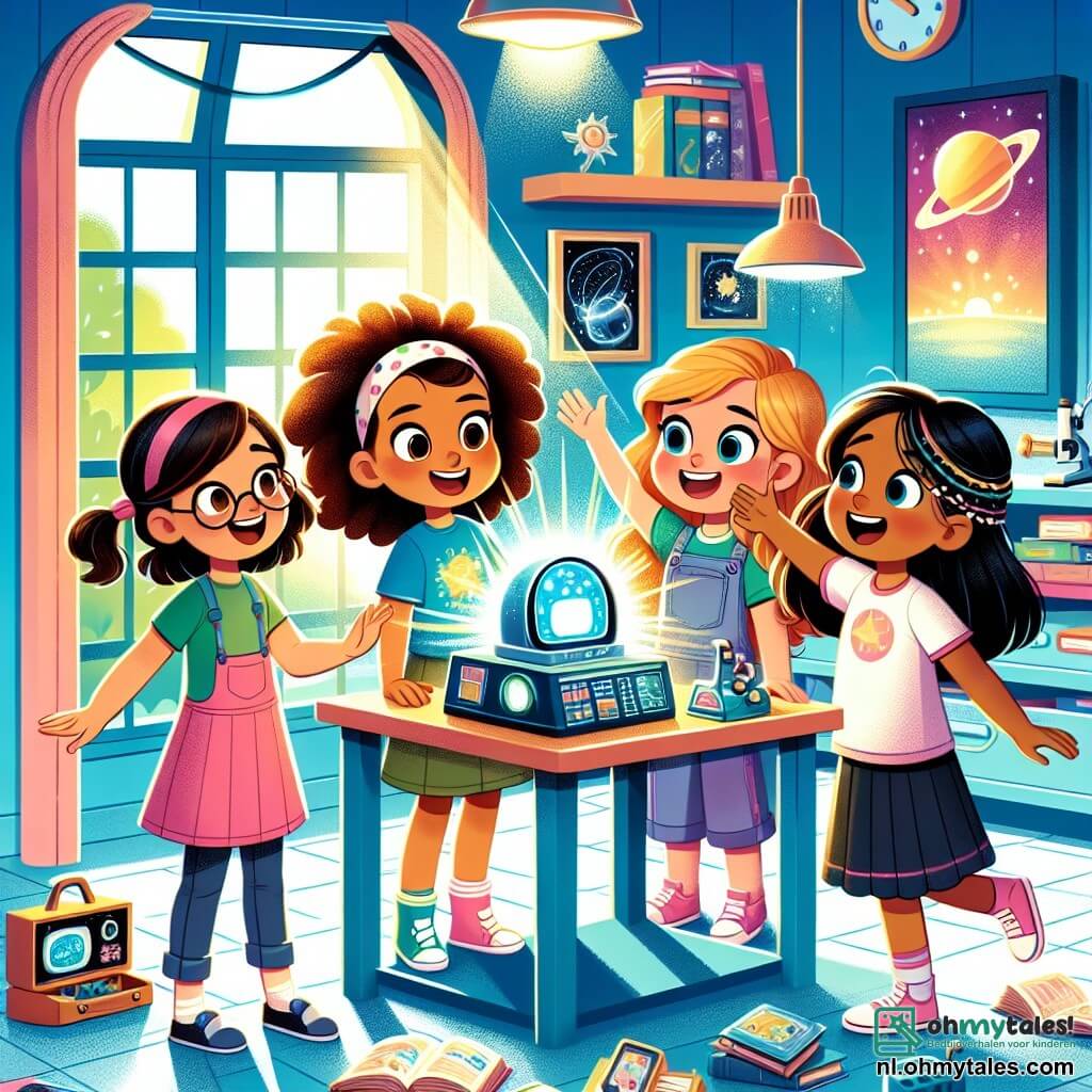 Vier meisjes van negen jaar staan in een lichte, kleurrijke kamer. Lotte, met krullend bruin haar en een blauwe t-shirt, staat in het midden, glimlachend en wijst naar een glanzend apparaat op de tafel. Links van haar kijkt Emma, een blond meisje met een bril, met grote ogen vol opwinding naar het apparaat. Rechts springt Sophie, met rood haar en een roze jurk, van blijdschap met haar armen omhoog. Ten slotte observeert Noor, met zwart gevlochten haar en een groene t-shirt, het apparaat aandachtig met haar handen op haar heupen. De kamer is gevuld met wetenschappelijke gadgets, open boeken en ruimteposters aan de muren. Een groot raam laat zonlicht binnen, wat de vrolijke sfeer verlicht. De meisjes ontdekken een tijdmachine, klaar voor een ongelooflijk avontuur door de tijd, terwijl ze rondom het apparaat staan, vol ongeduld en nieuwsgierigheid.