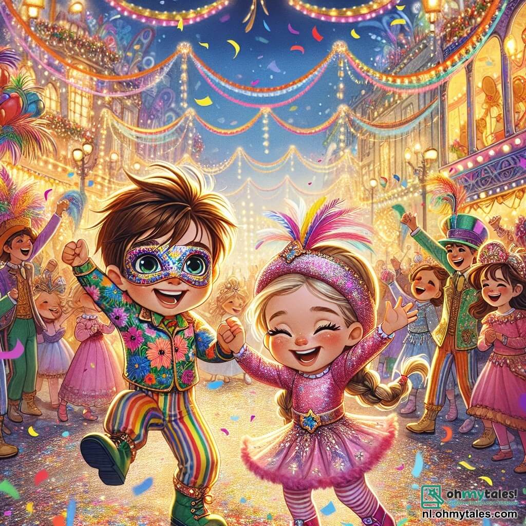 Een kleine jongen van 3 jaar, genaamd Tom, met rommelig bruin haar en stralende ogen, draagt een kleurrijk carnavalskostuum met bloemenpatronen en een glinsterend masker op zijn gezicht. Hij danst met een grote glimlach, zijn armen omhoog naar de lucht, vol energie en geluk. Naast hem staat een klein meisje van 4 jaar, Lotte, met lange, gevlochten blonde haren en een glanzend roze kostuum, die lacht terwijl ze Tom's hand vasthoudt. Ze draagt een mooie stervormige hoed en lijkt even blij, springend op de plaats met enthousiasme. De scène speelt zich af op een drukke straat in de stad, versierd met kleurrijke slingers en zwevende ballonnen. Schitterende lichten verlichten de plek, terwijl mensen in verschillende kostuums dansen en zingen, wat een feestelijke en blije sfeer creëert. Tom en Lotte staan op een grote praalwagen, omringd door confetti die uit de lucht valt, terwijl ze zich voorstellen hoog in de lucht te vliegen, samen de magie van het carnaval vierend.