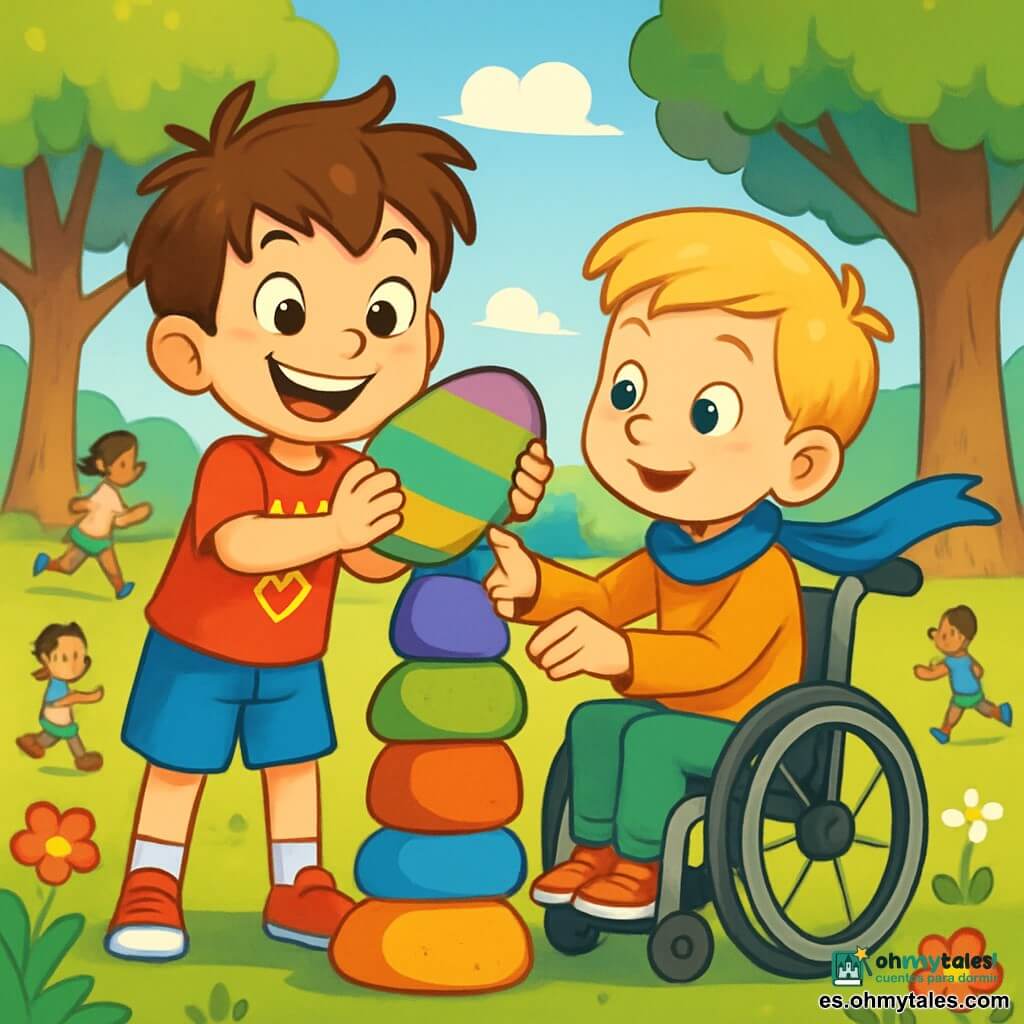 Un niño de 8 años, llamado Mario, con cabello castaño desordenado y ojos brillantes de curiosidad, sonríe alegremente mientras sostiene una gran piedra colorida. Lleva una camiseta roja con un diseño de superhéroe y un short azul. A su lado, su amigo Leo, también de 8 años, está sentado en una silla de ruedas. Leo tiene cabello rubio y lleva una bufanda azul que ondea ligeramente al viento. Mira a Mario con una sonrisa cálida, listo para ayudarlo a colocar la piedra en una torre que están construyendo juntos. El lugar es un parque verde, lleno de árboles majestuosos y flores coloridas, con un cielo azul brillante y algunas nubes blancas esponjosas. Los niños juegan a su alrededor, pero Mario y Leo se concentran en su construcción. La situación principal muestra a Mario y Leo colaborando alegremente para apilar piedras, ilustrando el espíritu de equipo y la amistad. Mario, con una expresión decidida y entusiasta, ayuda a Leo a alcanzar la piedra más alta, mientras Leo, con una mirada concentrada, se prepara para colocarla en la cima de su torre.