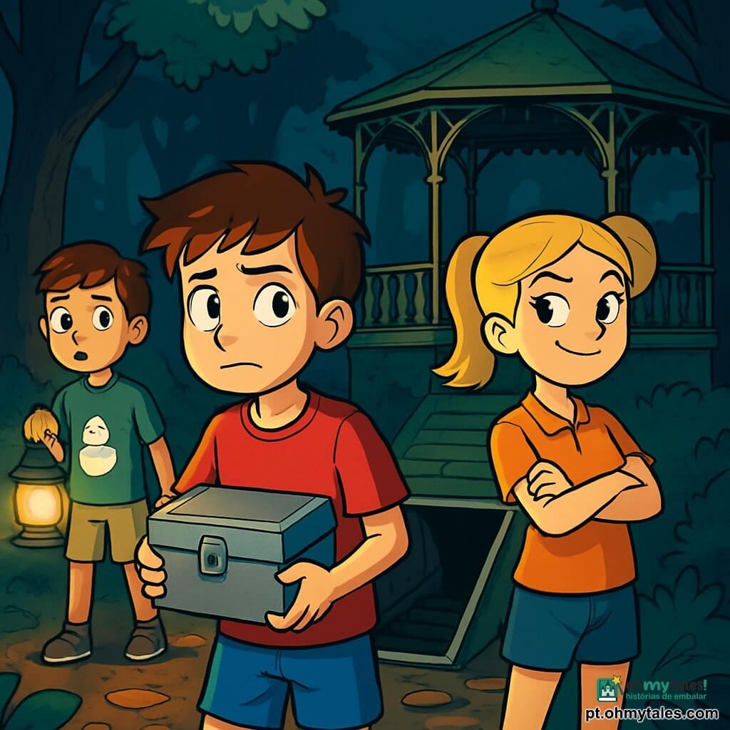 Um garoto de 12 anos, Tomás, com cabelos castanhos bagunçados e olhos brilhantes de curiosidade, está no centro da cena, com uma expressão determinada e ligeiramente preocupada. Ele usa uma camiseta vermelha e um short azul, segurando uma caixinha de música de metal, pronto para abri-la. Ao seu lado, Inês, uma garota de 12 anos com cabelos loiros presos em um rabo de cavalo e um olhar destemido, observa atentamente a floresta escura ao redor, com os braços cruzados e um sorriso confiante. Um pouco afastado, Duarte, um garoto de 12 anos com um boneco de neve na camiseta, olha ao redor com uma expressão hesitante, segurando uma lanterna que ilumina fracamente o caminho. O cenário é uma floresta densa, com árvores majestosas e folhas verdes, criando uma atmosfera misteriosa. A luz da lua filtra pelas branches, projetando sombras dançantes no chão coberto de folhas secas. A situação principal mostra Tomás, Inês e Duarte diante de um velho coreto de madeira coberto de musgo, com um alçapão aberto que revela escadas escuras levando a um lugar desconhecido. Uma leve brisa faz as folhas tremularem, acrescentando um toque de angústia ao ambiente, enquanto o silêncio opressivo da noite os envolve, criando um sentimento de suspense e aventura.