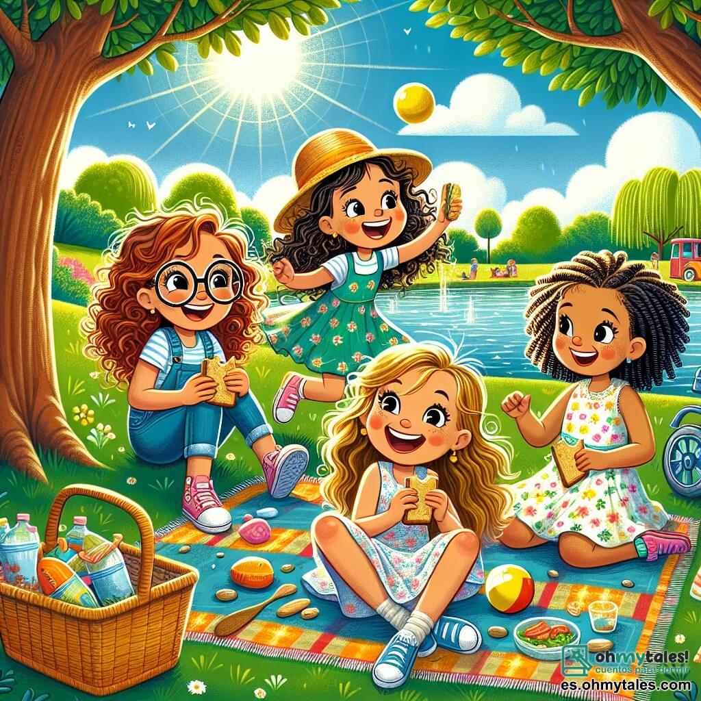 Cuatro niñas alegres, de unos 10 años, están en un parque soleado. Marta, con cabello rizado y una gran sonrisa, está sentada sobre una manta colorida, sosteniendo un sándwich en sus manos. A su lado, Sofía, con grandes gafas redondas y un sombrero de paja, ríe mientras lanza una pelota amarilla a sus amigas. Elena, con cabello liso y un vestido de flores, recoge piedras brillantes cerca del lago, mientras Carla, en su silla de ruedas azul, sonríe mirando a sus amigas jugar. El parque es verde, con grandes árboles que ofrecen sombra y un lago brillante cerca. El cielo es de un azul intenso, salpicado de algunas nubes blancas. Las niñas disfrutan de un picnic, rodeadas de risas y juegos, creando recuerdos inolvidables bajo el sol de verano.