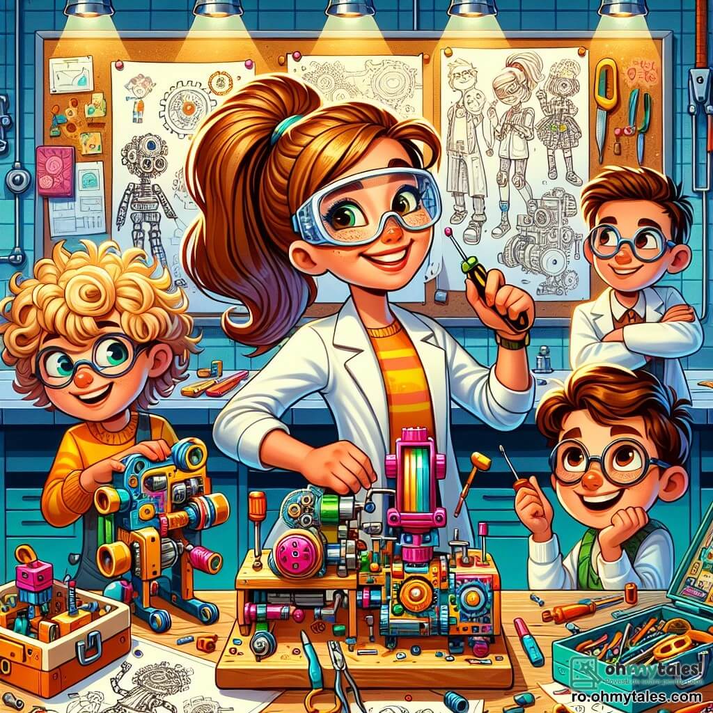 O tânără inventatoare, Ilinca, se află în centrul imaginii, cu un zâmbet larg și ochi strălucitori de curiozitate. Are părul brun prins într-o coadă de cal înaltă, poartă un halat de laborator alb și ochelari de protecție pe frunte. Este aplecată peste Mașina Minunilor, înconjurată de piese colorate și schițe împrăștiate pe masă. Lângă ea, Sara, o fetiță de 9 ani cu părul blond și creț, o observă atent, cu mâinile pe șolduri și un aer admirativ. Alex, un băiat de 8 ani cu părul castaniu, ține un șurubelniță, pregătit să ajute, în timp ce Victor, un alt băiat de 9 ani cu ochelari, privește cu un amestec de excitație și curiozitate, ținând o bucată de carton. Locul este un atelier luminos și colorat, plin de mașini ciudate, cutii de unelte și desene agățate pe pereți. Razele de soare pătrund printr-o fereastră, iluminând strălucirea metalului și culorile vii ale materialelor. Situația principală arată cum Ilinca și copiii lucrează împreună pentru a găsi piesa lipsă a Mașinii Minunilor, înconjurați de creativitate și entuziasm, pregătiți să transforme ideile lor în realitate.