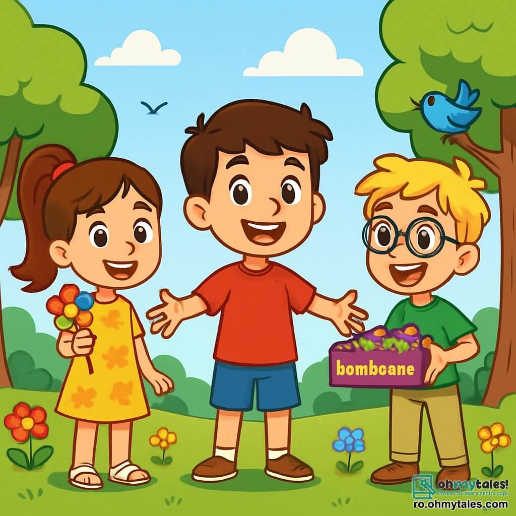 Există 3 personaje: - Luca: un băiat de 10 ani, cu părul brunet și ochi strălucitori, îmbrăcat cu un tricou roșu și o pereche de pantaloni scurți albaștri, stând în centru, zâmbind cu brațele deschise. - Ana: o fetiță de 9 ani, cu părul lung și castaniu, prins într-o coadă de cal, purtând o rochie galbenă cu flori și sandale albe, aflată în stânga lui Luca, ținând o floare colorată în mână și zâmbind. - David: un băiat de 10 ani, cu părul blond ciufulit și ochelari rotunzi, îmbrăcat cu un tricou verde și pantaloni bej, aflat în dreapta lui Luca, arătând cu entuziasm o cutie de bomboane. Scena are loc într-un parc verde, plin de copaci majestuoși și flori colorate, cu un vechi banc de lemn și un cer albastru cu nori albi. Cei trei prieteni împărtășesc bomboane colorate cu copii din cartier, creând o atmosferă de camaraderie și bucurie, în timp ce păsările cântă în copaci.