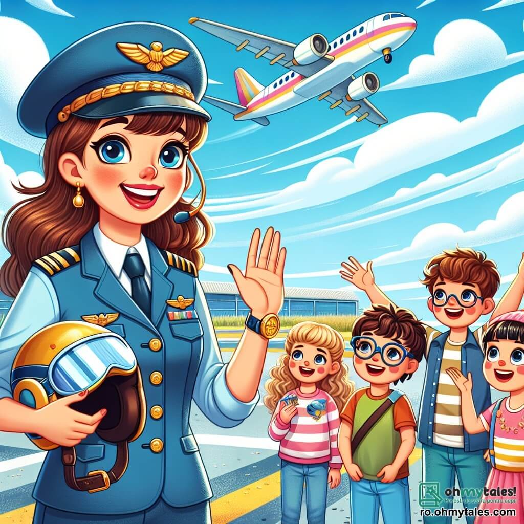 O pilotă pe nume Ana, zâmbitoare și plină de entuziasm, poartă o uniformă albastră cu nasturi aurii strălucitori. Părul ei brun este prins într-o coadă de cal îngrijită, iar ea ține o cască cu microfon, pregătită să împărtășească aventura ei. Lângă ea, un grup de patru copii, două fete și doi băieți, cu vârste între 7 și 8 ani, privesc cu ochii mari. Prima fată, cu părul blond și creț, ridică mâna cu entuziasm, în timp ce băiatul cu ochelari, având părul castaniu, ține un mic model de avion. Scena se desfășoară pe pista unui aeroport însorit, cu un avion mare colorat în fundal, înconjurat de nori albi și cer albastru strălucitor. Copiii sunt adunați în jurul Anei, ascultând cu atenție poveștile ei de pilot. Ana le explică copiilor ce înseamnă să fii pilot, cu gesturi animate și un zâmbet radiant, în timp ce ei visează să zboare în ceruri.