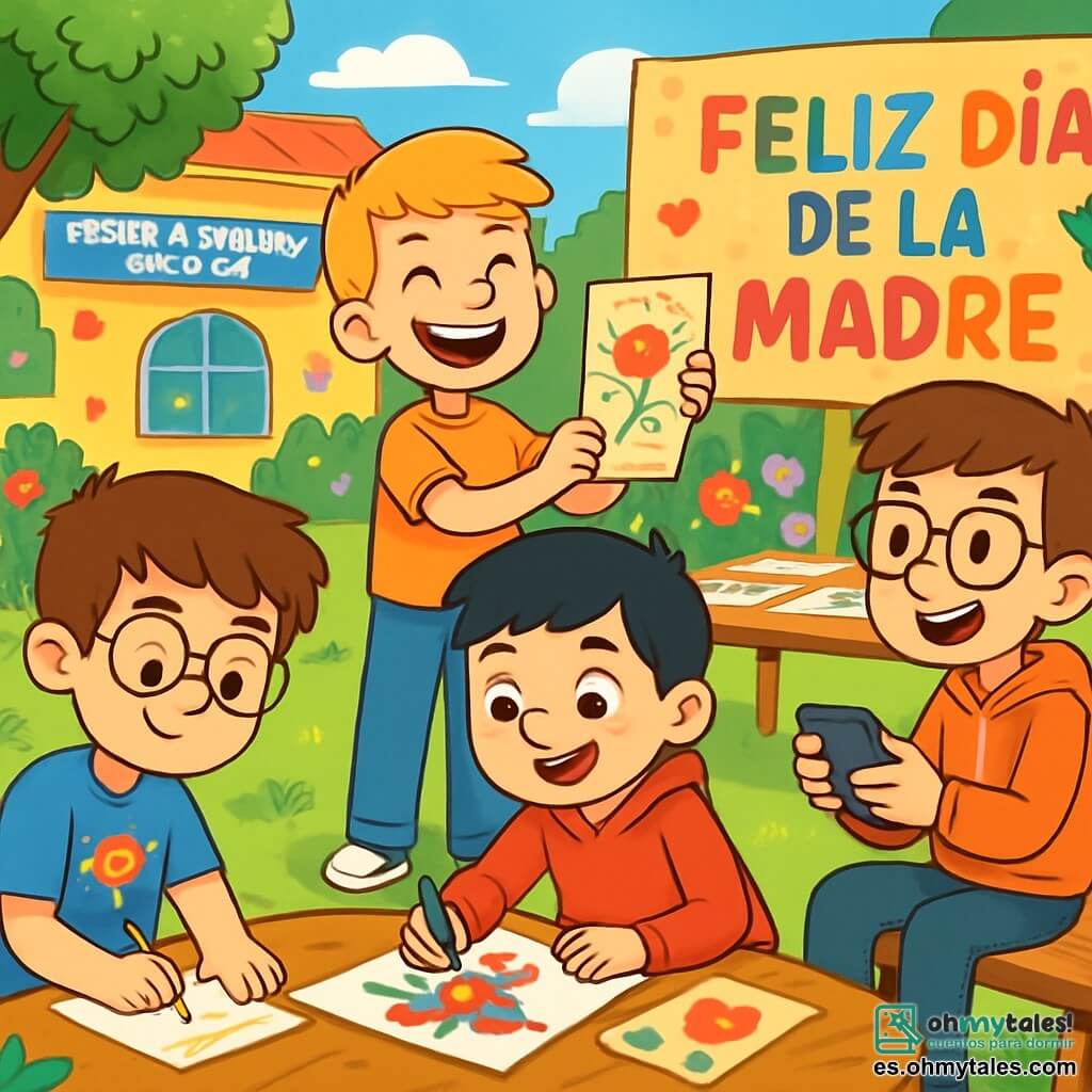 Hay 4 niños: - Lucas: Un niño de 9 años, con cabello castaño desordenado y gafas redondas. Lleva una camiseta azul con un dibujo de superhéroe y está sentado en la hierba, escribiendo una carta. - Miguel: Un niño de 10 años, con cabello negro y pecas. Lleva un sudadera roja y dibuja una mamá superhéroe en una gran hoja de papel, al lado de Lucas. - Tomás: Un niño de 9 años, con cabello rubio y una gran sonrisa. Está de pie, sosteniendo un poema escrito en una hoja de color, mirando a sus amigos con entusiasmo. - Javier: Un niño de 10 años, con cabello castaño y gafas. Está sentado en un banco, sosteniendo un teléfono, listo para grabar un mensaje de video para sus mamás. La escena tiene lugar en el patio soleado de la Escuela Primaria Arcoíris, rodeado de flores coloridas y grandes árboles. Las mesas están decoradas con dibujos y tarjetas, y un gran cartel de cartón dice "Feliz Día de la Madre" en letras brillantes. Los cuatro amigos están reunidos, cada uno concentrado en su tarea creativa, preparando una sorpresa para el Día de las Madres, llenos de emoción y alegría, en un ambiente festivo y colorido.