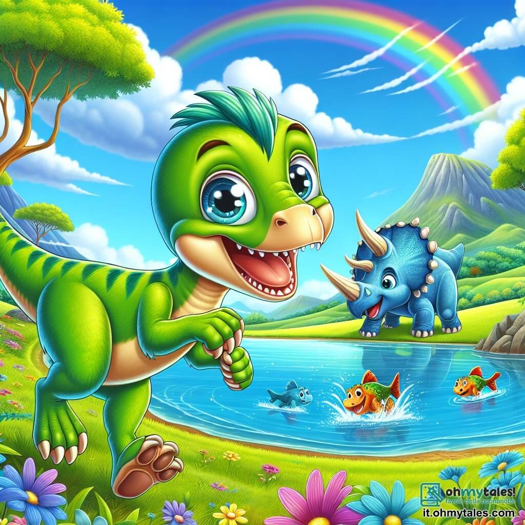 Un vélociraptor felice di nome Rappy, con piume verdi brillanti e occhi curiosi, corre entusiasta lungo un lago blu scintillante. Accanto a lui, un triceratopo di nome Trixie, con pelle marrone e tre corna sulla testa, osserva il lago meravigliato. Un brontosauro di nome Bruno, grande e maestoso con un lungo collo blu, si piega per ammirare i pesci che saltano fuori dall'acqua. Il paesaggio è una vasta pianura verde con fiori colorati e alberi maestosi, sotto un cielo blu chiaro. Rappy e i suoi amici si divertono vicino al lago, giocando con i pesci e creando un'atmosfera gioiosa.