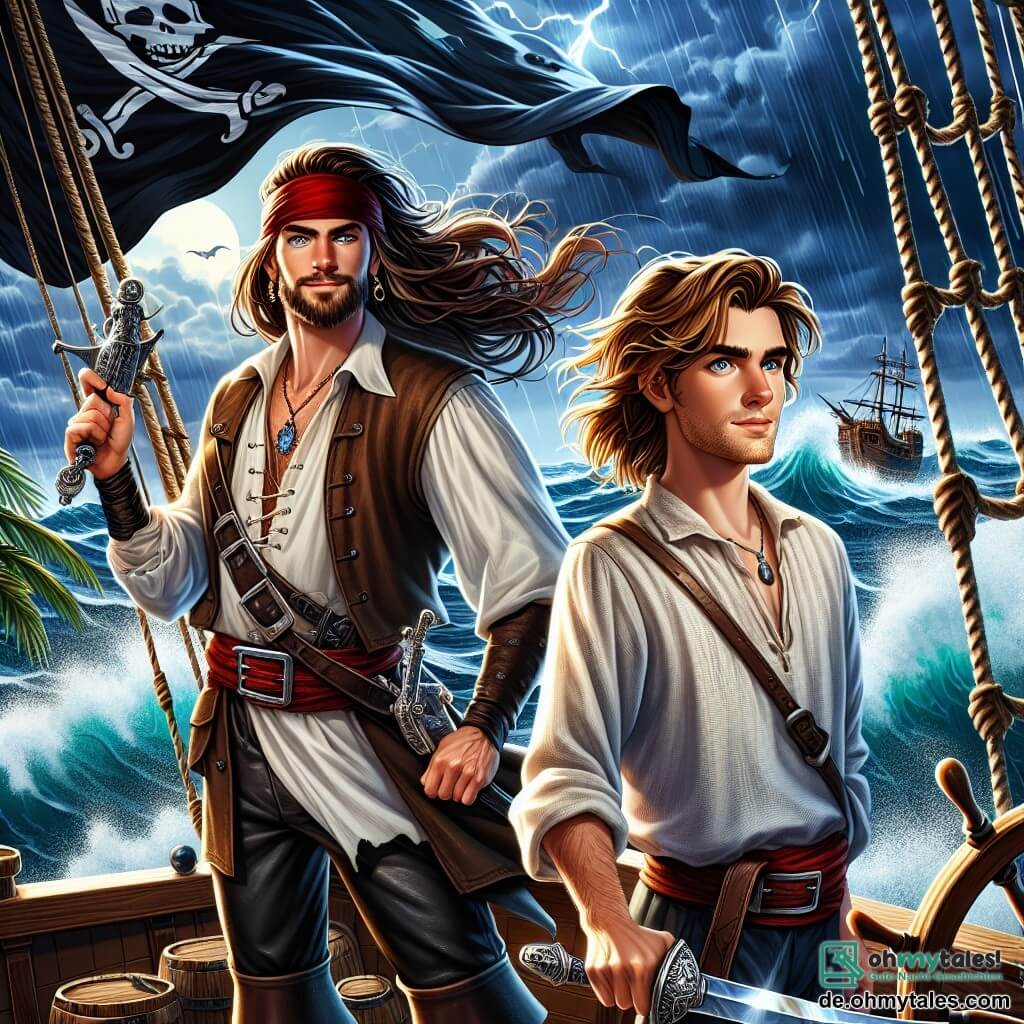 Im Vordergrund steht Kapitänin Mara Sturmwind, eine Frau in ihren Dreißigern, stolz auf dem Deck ihres Schiffes, der „Sturmbringer“. Sie hat lange braune Haare, die im Wind wehen, ein rotes Bandana auf dem Kopf und ein entschlossenes Lächeln im Gesicht. Sie trägt ein weites weißes Hemd, eine Lederweste und Piratenhosen, während sie ein funkelndes Schwert schwingt, bereit, ihren Schatz zu verteidigen. An ihrer Seite beobachtet Finn, ein junger Mann von etwa 25 Jahren, mit einem Fernrohr den Horizont. Er hat zerzauste blonde Haare, einen leichten Bart und trägt ein blaues Leinenhemd. Sein Gesichtsausdruck ist konzentriert und verrät seine Besorgnis über die Bedrohung durch Piraten. Die Szenerie zeigt einen stürmischen Ozean mit brechenden Wellen und einem gewitterhaften Himmel, was eine Atmosphäre von Spannung und Abenteuer schafft. Im Hintergrund ist das Schiff mit schwarzen Segeln und einer im Wind wehenden Piratenflagge geschmückt, während Blitze den dunklen Himmel erhellen. Die Hauptsituation zeigt Mara und Finn, die sich darauf vorbereiten, einer sich nähernden Piratenbande entgegenzutreten, entschlossen, ihren Schatz zu verteidigen und ihr geliebtes „Sturmbringer“ zurückzuholen.