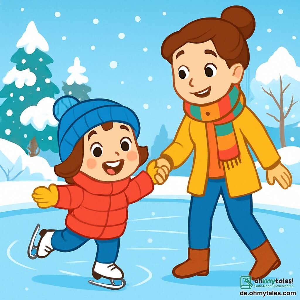 Ein kleines Mädchen von 4 Jahren mit großen, leuchtenden Augen und roten Wangen trägt eine dicke rote Jacke, eine hübsche blaue Mütze und gelbe Handschuhe. Sie gleitet fröhlich über das Eis, lacht laut und hat ein strahlendes Lächeln im Gesicht. An ihrer Seite steht ihre Mama, eine etwa 30-jährige Frau mit braunen Haaren, die zu einem Dutt gebunden sind, und trägt einen bunten Schal. Sie hält liebevoll die Hand ihrer Tochter und ermutigt sie zum Schlittschuhlaufen. Die Szenerie zeigt einen wunderschönen gefrorenen See, umgeben von schneebedeckten Bäumen unter einem klarblauen Himmel. Sanfte Schneeflocken fallen und verleihen der Szene einen magischen Touch. Das Hauptgeschehen zeigt das kleine Mädchen, das das Schlittschuhlaufen lernt, manchmal fällt, sich aber mit einem großen Lächeln wieder aufrichtet, während ihre Mama sie stolz und liebevoll beobachtet.