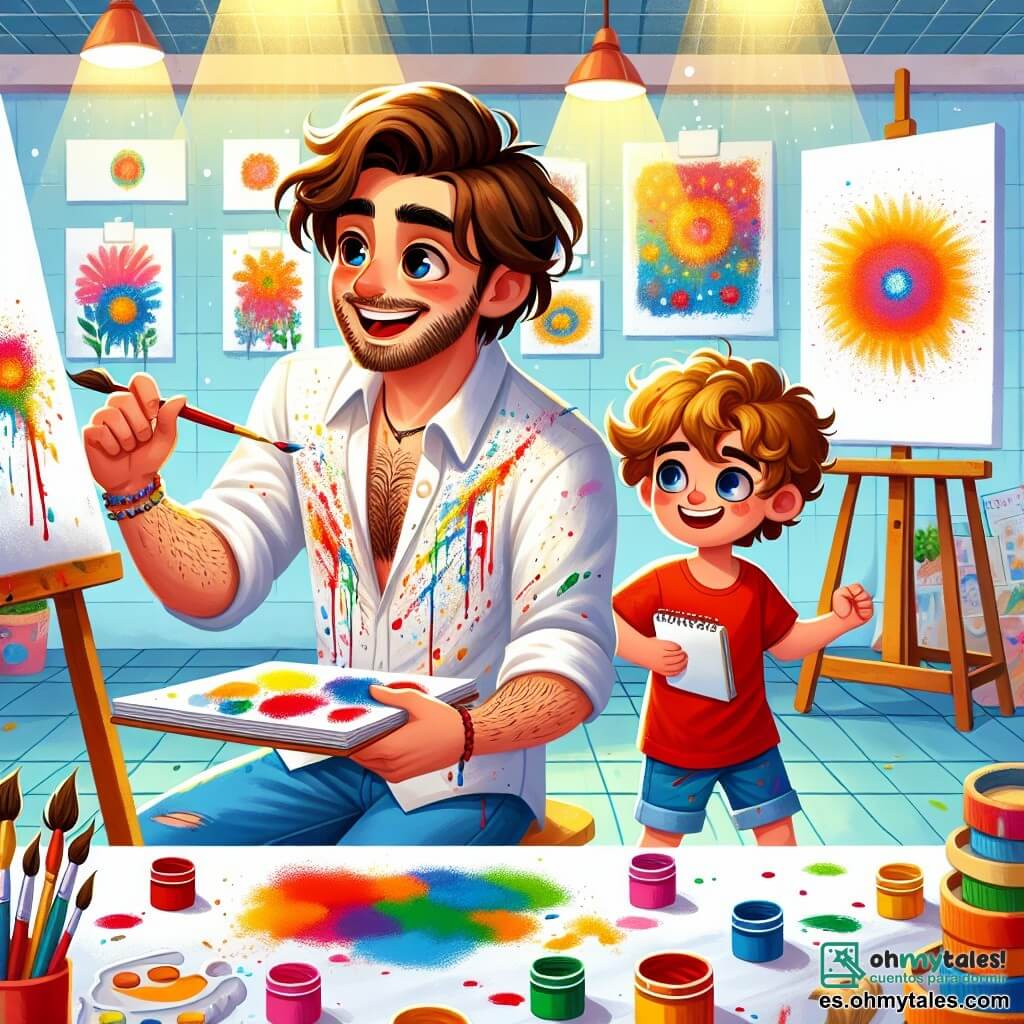 Un hombre, Manuel, está en el centro de la imagen, con una amplia sonrisa que irradia alegría y entusiasmo. Tiene el cabello castaño desordenado, una barba bien cuidada y lleva una camisa blanca brillante, cubierta de manchas de pintura colorida. Está pintando con un gran pincel, sus ojos brillando de creatividad. A su lado, un niño de 10 años llamado Lucas observa con asombro. Tiene el cabello rizado y ojos llenos de curiosidad. Lucas lleva una camiseta roja y un short azul, sosteniendo un pequeño cuaderno de bocetos en sus manos, listo para capturar la inspiración. El lugar es un estudio de arte luminoso, lleno de lienzos blancos, botes de pintura vibrante y pinceles de todos tamaños. Las paredes están decoradas con pinturas vibrantes, creando una atmósfera cálida e inspiradora. La escena principal muestra a Manuel y Lucas en plena creación, rodeados de colores brillantes, mientras comparten un momento de complicidad artística, transformando un simple espacio en un verdadero festival de creatividad.