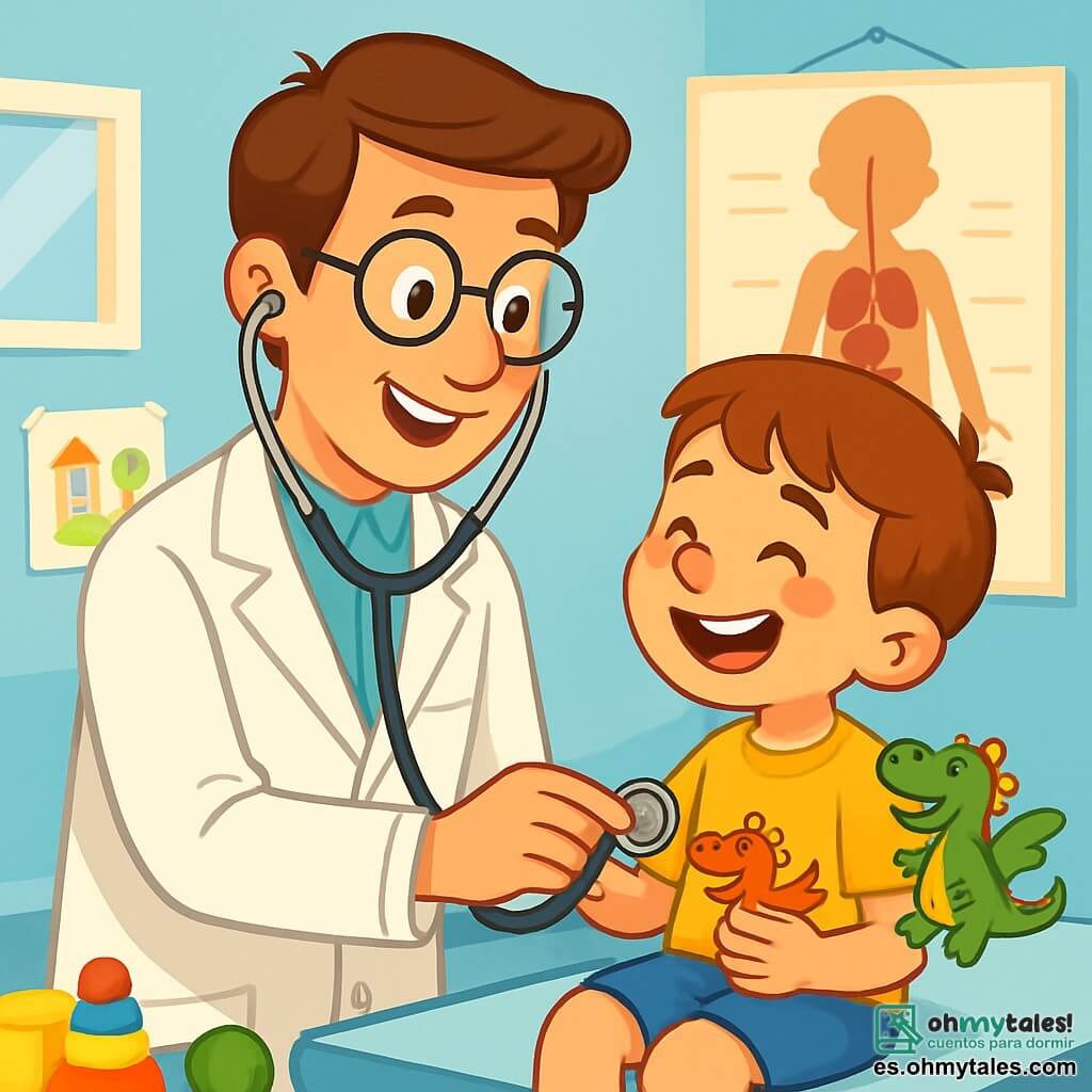 Un hombre, el doctor Lucas, sonriente y cálido, con cabello castaño y gafas redondas, lleva una bata blanca. Está examinando a un niño de siete años, Martín, que tiene la nariz roja y una amplia sonrisa, sentado en una mesa de examen. Martín sostiene una pequeña figura en forma de dragón en su mano, mirando al doctor con admiración. El lugar es una clínica luminosa y acogedora, con paredes pintadas de azul cielo, dibujos de niños colgados en las paredes y juguetes coloridos esparcidos por el suelo. La escena transcurre en la sala de examen, donde un gran cartel que ilustra el cuerpo humano está colgado detrás de ellos. La situación principal muestra al doctor Lucas escuchando el corazón de Martín con un estetoscopio, mientras el niño ríe, ilustrando la alegría y la confianza en esta interacción.