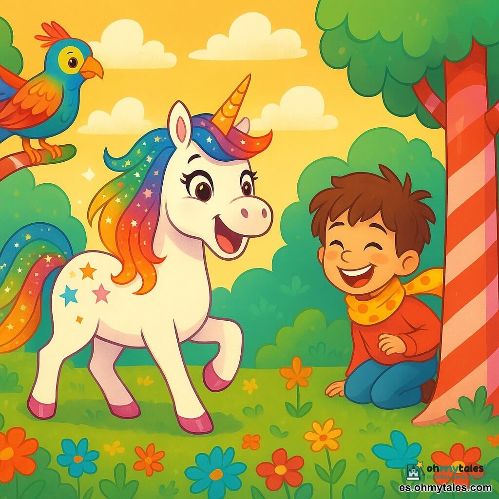 Una unicornio de colores brillantes, con una melena brillante de mil estrellas, se encuentra alegremente en el centro de la imagen. Sus grandes ojos chispeantes expresan una alegría contagiosa mientras ríe, rodeada de nubes esponjosas. A su derecha, un niño de 8 años, Nico, lleva una bufanda amarilla con puntos que vuela al viento. Tiene una sonrisa traviesa y el cabello desordenado, y se agacha para esconderse detrás de un árbol de caramelo. A la izquierda, un dragón de plumas coloridas, con ojos curiosos, observa la escena, listo para volar. Está posado en una rama de un árbol de caramelo, sus plumas brillando bajo el sol poniente. El escenario es un bosque encantado, donde los troncos de los árboles parecen dulces gigantes y el suelo está cubierto de flores multicolores que bailan al ritmo del viento. La situación principal muestra a la unicornio y a Nico jugando al escondite, con Nico riendo a carcajadas mientras intenta esconderse detrás del árbol de caramelo, mientras la unicornio, llena de energía, se prepara para buscarlo.