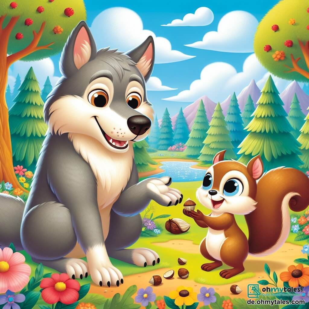 Ein großer Wolf namens Felix, mit grauem Fell und sanften Augen, steht im Mittelpunkt der Szene und zeigt ein warmes, wohlwollendes Lächeln. Er streckt seine Pfote nach einem kleinen Eichhörnchen namens Susi aus, das hellbraunes Fell und funkelnde Augen hat und um ihn herum hüpft. Susi, mit einer kleinen Nuss in ihren Pfoten, steht direkt neben Felix und schaut bewundernd zu ihm auf. Die Kulisse ist ein wunderschöner, bunter Wald, gefüllt mit strahlenden Blumen, großen Bäumen mit grünen Blättern und einem hellblauen Himmel, der mit flauschigen weißen Wolken bedeckt ist. In der Ferne schlängelt sich ein glitzernder Bach durch die Landschaft. Die Hauptsituation zeigt Felix und Susi, die ihre Freundschaft feiern, nachdem sie die verlorenen, wertvollen Nüsse wiedergefunden haben, umgeben von der Schönheit der Natur, und die Freude und Kameradschaft zwischen den beiden Freunden veranschaulicht.