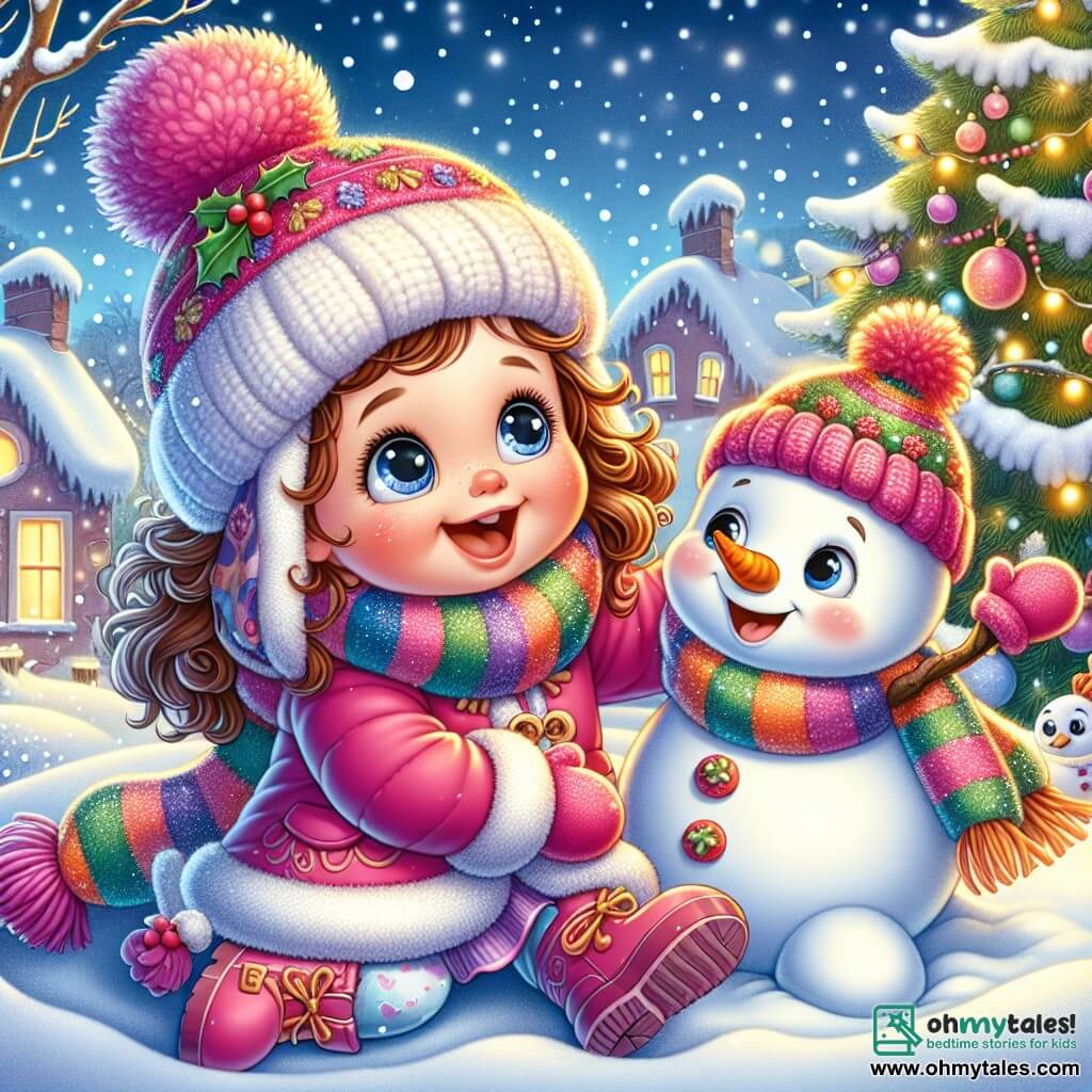 A one-year-old girl with bright big eyes and curly hair sits in the snow, a big smile on her amazed face. She wears a bright pink coat and a wool hat with pom-poms. Next to her is an adorable snowman, Mr. Frosty, with a carrot nose and a big smile, joyfully dancing with his branch arms wide open. The setting is a magical Christmas night, with snowflakes gently falling, twinkling lights on the surrounding houses, and a large decorated tree in the background, casting a warm golden glow. In this scene, the little girl and Mr. Frosty are having fun in the snow, sharing a joyful moment as they help a little bird warm up with a colorful scarf, creating a warm and festive atmosphere.