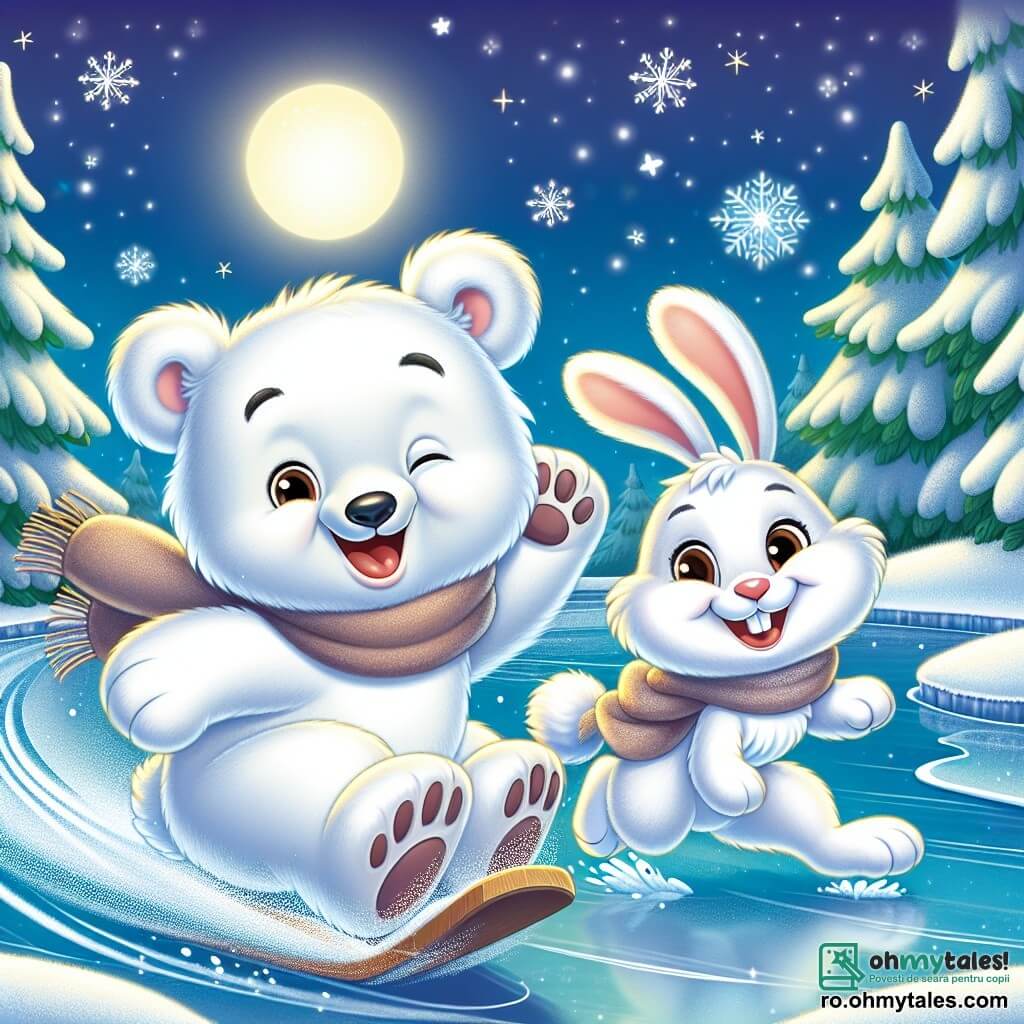 Flocoșilă, un urs polar adorabil cu blană albă și pufoasă, cu un aspect curios și entuziast, alunecă pe un lac înghețat, râzând și bucurându-se de iarnă. Vifor, un iepure alb cu urechi lungi și blană pufoasă, sare vesel alături de el, având ochii strălucitori de bucurie și un zâmbet larg. În fundal, un peisaj de iarnă magic, cu copaci acoperiți de zăpadă strălucitoare, un cer albastru limpede și soarele strălucind, creează o atmosferă de poveste. Cei doi prieteni se distrează pe gheață, lăsând urme de labe și linii jucăușe în zăpadă, în timp ce fulgii de zăpadă cad ușor din cer, adăugând magie scenei.