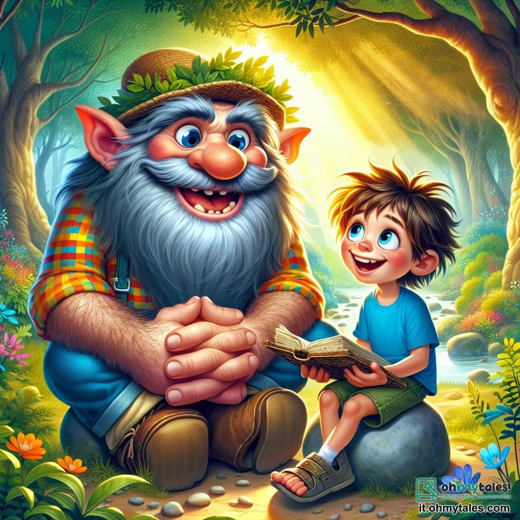 Un troll amichevole di nome Trullo, con un viso largo e sorridente, occhi rotondi e brillanti, e una lunga barba folta, è seduto su una grossa pietra in un parco verdeggiante. Indossa una camicia a quadri colorata e un cappello di paglia, e guarda con benevolenza un giovane ragazzo di otto anni di nome Leo, che ha i capelli arruffati e un sorriso entusiasta. Leo, vestito con una maglietta blu e pantaloni corti, tiene un libro antico tra le mani, gli occhi scintillanti di eccitazione mentre ascolta attentamente Trullo. Il parco è un luogo magico, con alberi maestosi dalle foglie brillanti, fiori colorati che danzano al vento e una dolce luce dorata che filtra tra i rami. In lontananza, una cascata scintillante crea un dolce mormorio, aggiungendo all'atmosfera incantata. La scena principale mostra Leo e Trullo in piena discussione, pianificando la loro prossima avventura per trovare un ciondolo magico nascosto in una grotta dietro la cascata, circondati dalla bellezza naturale del parco.