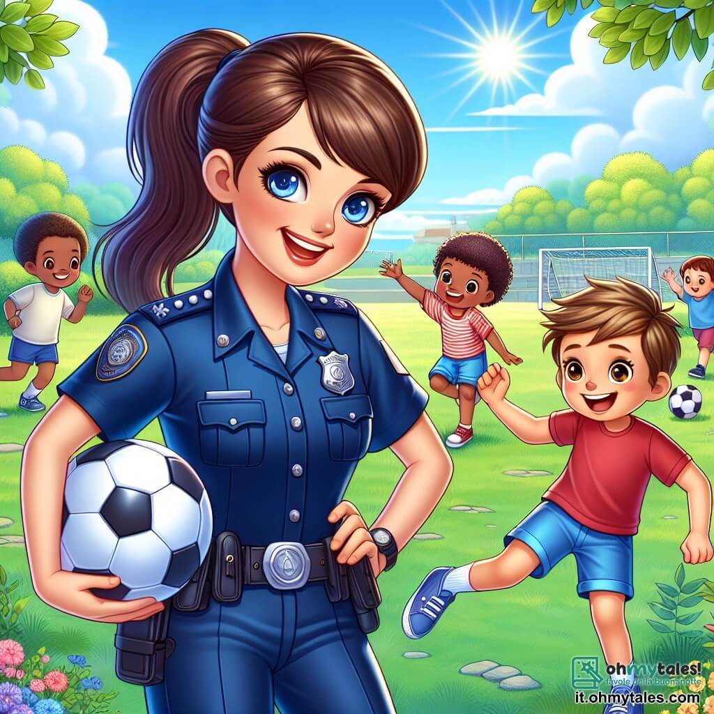Una giovane poliziotta, Sara, è al centro dell'immagine. È una donna sorridente, con una uniforme blu scuro che brilla al sole. I suoi capelli castani sono raccolti in una coda di cavallo e ha occhi scintillanti di gioia. Sta raccogliendo un pallone da calcio, sorridente e amichevole, circondata da un'aura di fiducia. Accanto a lei, un ragazzo di nome Luca, di circa 8 anni, la guarda con ammirazione. Ha capelli biondi disordinati e indossa una maglietta rossa con pantaloni corti blu. È in piedi, con le braccia incrociate e un grande sorriso sul volto, mostrando il suo entusiasmo. Sullo sfondo, un gruppo di quattro bambini gioca felicemente a calcio in un parco verde, con alberi frondosi e fiori colorati che aggiungono vita alla scena. Il cielo è di un blu brillante, punteggiato da alcune nuvole bianche e soffici. La scena principale mostra Sara, la poliziotta, mentre restituisce il pallone ai bambini, illustrando l'importanza della collaborazione e della sicurezza, creando un momento di gioia e cameratismo.