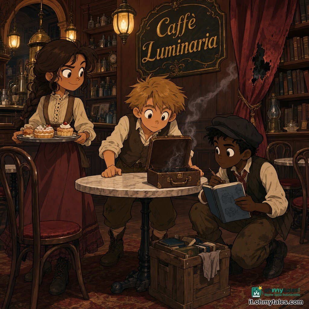 Tre bambini in un caffè d'epoca (fine XIX secolo): Loyal, ragazzo 12 anni, capelli castano chiaro scompigliati, occhi curiosi, camicia semplice, gilet e pantaloni pratici, è al centro chino su una piccola valigia-cuore in cuoio aperta sulla tavola e mostra un gettone di ottone; Ada, ragazza 12 anni, capelli castani raccolti in una treccia sciolta, sorriso malizioso, gonna lunga e stivaletti retrò, sta a sinistra con una mano su un vassoio di pasticcini intatti; Nico, ragazzo 13 anni, capelli neri corti, berretto stropicciato e gilet, è a destra accovacciato vicino a una cassa mentre tiene un quaderno blu con schizzi della valigia. Interno grafico: alti soffitti, lampade a gas con fiamme giallo-arancio, tavoli in marmo bianco, sedie in legno scuro, scaffali di libri impolverati, bancone lucidato e insegna dorata “Caffè Luminaria”; una piccola fumée sale dalla tovaglia vicino a una lampada. Situazione: i tre, travestiti, hanno appena materializzato la loro macchina del tempo a forma di valigia sul tavolo; scena tesa ma dolce, clienti sullo sfondo sorpresi; palette calda (marroni, ocra, rossi tenui) e stile da cartone anni ’90 con contorni netti e leggermente spessi.