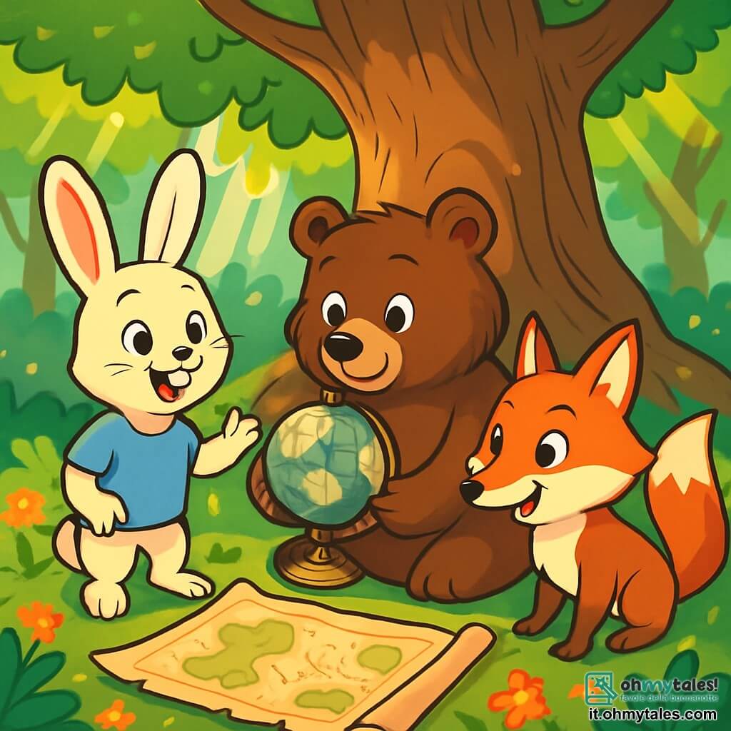 Un giovane coniglio di nome Leo, con un pelo morbido e setoso di colore crema, grandi orecchie erette e occhi scintillanti di curiosità, si trova davanti a un albero maestoso, un sorriso incantato illumina il suo viso. Accanto a lui, Bruno, un orso bruno con un pelo spesso e lucente, mostra un'espressione di fascino, i suoi occhi tondi scrutano la mappa antica che tiene tra le zampe. Lila, una volpe agile dal pelo rosso brillante, si trova leggermente in disparte, il suo sguardo vivace e malizioso tradisce il suo entusiasmo, pronta a lanciarsi verso l'avventura. Il decor è un bosco incantato, dove i raggi di sole filtrano tra le foglie verdi, creando motivi luminosi sul terreno coperto di fiori colorati e foglie dorate. Al centro della scena, l'albero nodoso, con le sue radici contorte e il tronco ampio, sembra sussurrare antichi segreti, mentre una mappa antica è stesa sul terreno, indicando un sentiero misterioso. Leo, Bruno e Lila si preparano a scoprire un tesoro nascosto, i loro cuori battono di eccitazione e anticipazione.