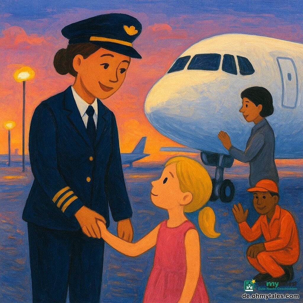 Eine etwa 35-jährige Pilotin, lächelnd und beruhigend, braunes zurückgebundenes Haar, dunkelblaue Kapitänsjacke, steht neben einem großen weißen glänzenden Flugzeug und hält die Hand eines etwa 6-jährigen Mädchens mit blonden Zöpfchen und rosa Kleid; warmes Gesicht, sanfte Augen, schützende Haltung, das Mädchen neugierig und schüchtern, staunender Blick. Im Hintergrund eine etwa 30-jährige Co-Pilotin mit kurzem Haar in grauer Uniform neben dem Cockpit, konzentriert und lächelnd, sie blickt auf beleuchtete Instrumente. Ein etwa 40-jähriger Mechaniker in orangefarbener Kombi und Mütze hockt am Fahrwerk und winkt der Pilotin. Flughafen bei Dämmerung: glänzende Startbahn, sanfte gelbe Laternen, rosa-blauer Himmel, Flugzeuge in Reihe, sichtbare Reifenspuren und Spiegelungen. Hauptszene: die Pilotin beruhigt das Mädchen vor dem Start, Hand in Hand vor beleuchtetem Flugzeug, ruhige sichere Atmosphäre, warme Farben, klare Kontraste, einfache runde Formen kindgerecht.