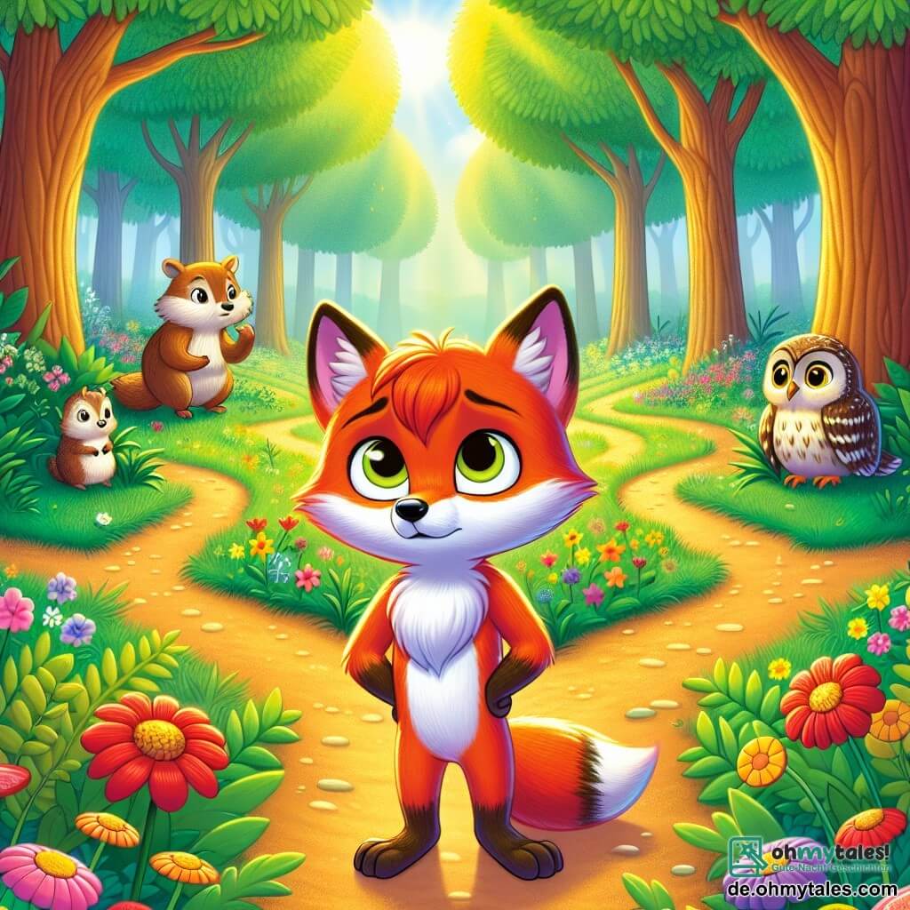 Ein junger Fuchs mit leuchtend rotem Fell und neugierigen, glänzenden Augen steht entschlossen und etwas besorgt im Zentrum einer sonnigen Lichtung. Er blickt aufmerksam auf die drei Wege vor ihm, die von bunten Blumen und üppigen Sträuchern gesäumt sind. Rechts von ihm sitzt eine weise Eule mit braun-weißen Federn auf einem Ast und beobachtet ihn ermutigend, bereit, Ratschläge zu geben. Links steht eine Gruppe kleiner Tiere, darunter ein funkeläugiges Eichhörnchen und ein stacheliger Igel, die ihn bewundernd und unterstützend anblicken. Die Lichtung ist von majestätischen Bäumen mit dicken Stämmen umgeben, deren Blätter sanft im Wind tanzen und eine magische Atmosphäre schaffen. Luke, der Fuchs, zögert zwischen den Wegen, bereit, seinen Pfad zu wählen, um den wertvollen Schlüssel zum Wald zu finden.