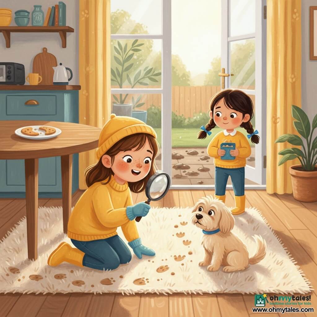 A 4-year-old girl with a round face and freckles, curious bright eyes and a concentrated, joyful expression, wearing a small hat, yellow boots and soft gloves, kneels and follows a trail of crumbs with a magnifying glass; a secondary girl, Nora, about 4 with brown pigtails and a blue ribbon, stands at the garden door looking shy and relieved while holding a small box of crumbs; a small fluffy cream dog, Pip, with floppy ears wags its tail, muzzle full of crumbs, sitting on the rug in front of the couch; warm kitchen-living room in soft morning light, round wooden table with a plate of cookies, plush rug with crumb prints, open patio door to a muddy garden with little footprints; budding detective scene, calm and curious, warm acrylic-paint colors and textures in yellows, blues and browns with soft brushstrokes and childlike details.