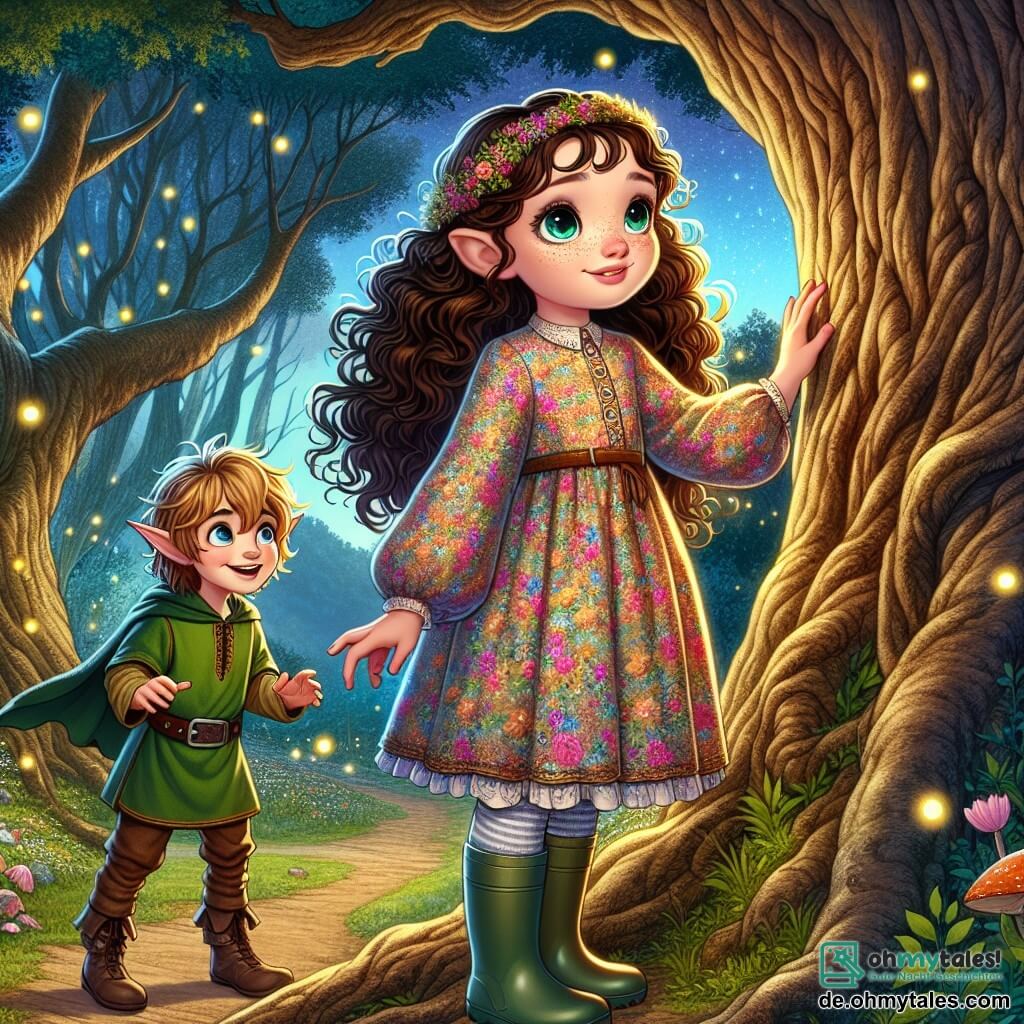 Ein 10-jähriges Mädchen, Mia, mit großen braunen Locken und neugierigen funkelnden Augen, steht im Mittelpunkt des Bildes, ein bewunderndes Lächeln auf dem Gesicht. Sie trägt ein buntes Kleid mit Blumenmotiven und Gummistiefel und berührt einen großen alten Baum, ihre zarten Hände auf der rauen Rinde. Neben ihr steht ein kleiner Junge, Finn, ein 8-jähriger Elf mit spitzen Ohren und zerzausten blonden Haaren, der schelmisch lächelt. Er trägt eine grüne Tunika und Lederhosen und macht eine einladende Geste in Richtung des magischen Weges, der sich vor ihnen erstreckt. Die Szenerie ist eine verzauberte Lichtung, umgeben von großen, knorrigen Bäumen mit leuchtend bunten Blättern. Glühwürmchen funkeln in der Luft und erhellen die Szene mit einem sanften goldenen Licht, während ein nahegelegener Bach leise murmelt und der Atmosphäre einen Hauch von Magie verleiht. Die Hauptsituation zeigt Mia und Finn, die sich darauf vorbereiten, den geheimnisvollen Weg zu betreten, der sie ins Abenteuer führen wird, mit einem Ausdruck von Aufregung und Entschlossenheit auf ihren Gesichtern, bereit, die Geheimnisse der magischen Welt um sie herum zu entdecken.