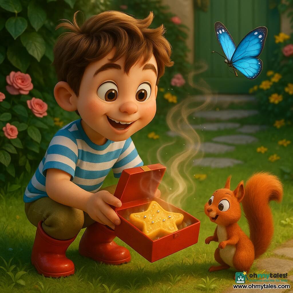 A 6-year-old boy with big brown eyes and tousled light-brown hair, wearing a blue-and-white striped t-shirt, khaki pants and red rain boots, crouches smiling in a sunny garden as he opens a small shiny red box that reveals a star-shaped cake dusted with yellow sugar and silver beads, a faint steam and a sweet-spicy scent rising; a small red squirrel on its hind legs watches a few steps away, an electric-blue butterfly hovers above, and the scene—dense green grass, a gray stone path, a dark-leafed bush, beds of pink roses and yellow daisies, and a green-painted back door—conveys gentle, secure wonder.