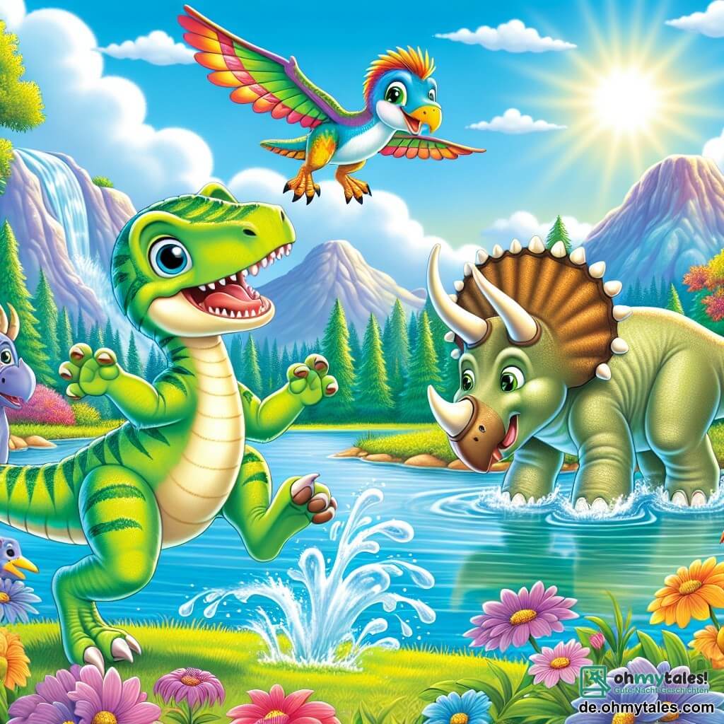 Ein Velociraptor namens Rafi mit leuchtend grünen Federn und einem großen, fröhlichen Lächeln steht am Ufer eines wunderschönen Sees und springt begeistert ins Wasser. Neben ihm schaut seine beste Freundin Tina, ein Triceratops mit drei funkelnden Hörnern und beiger Haut, bewundernd zu und ist bereit, ihm beim Spaß beizutreten. Max, ein großer Brachiosaurus mit langem Hals, steht etwas weiter hinten und trinkt zufrieden Wasser, während ein kleiner Pterosaurier namens Piko fröhlich über ihnen fliegt, seine bunten Flügel im Sonnenlicht leuchtend. Die Szenerie zeigt eine bezaubernde Landschaft mit majestätischen Bergen im Hintergrund, bunten Blumen am Ufer des Sees und einem blauen Himmel, der mit flauschigen weißen Wolken gesprenkelt ist. Die Hauptsituation zeigt Rafi und seine Freunde, die zusammen Spaß haben und ihre Freundschaft sowie ihr neues Zuhause am See feiern, erfüllt von Freude und Abenteuer.