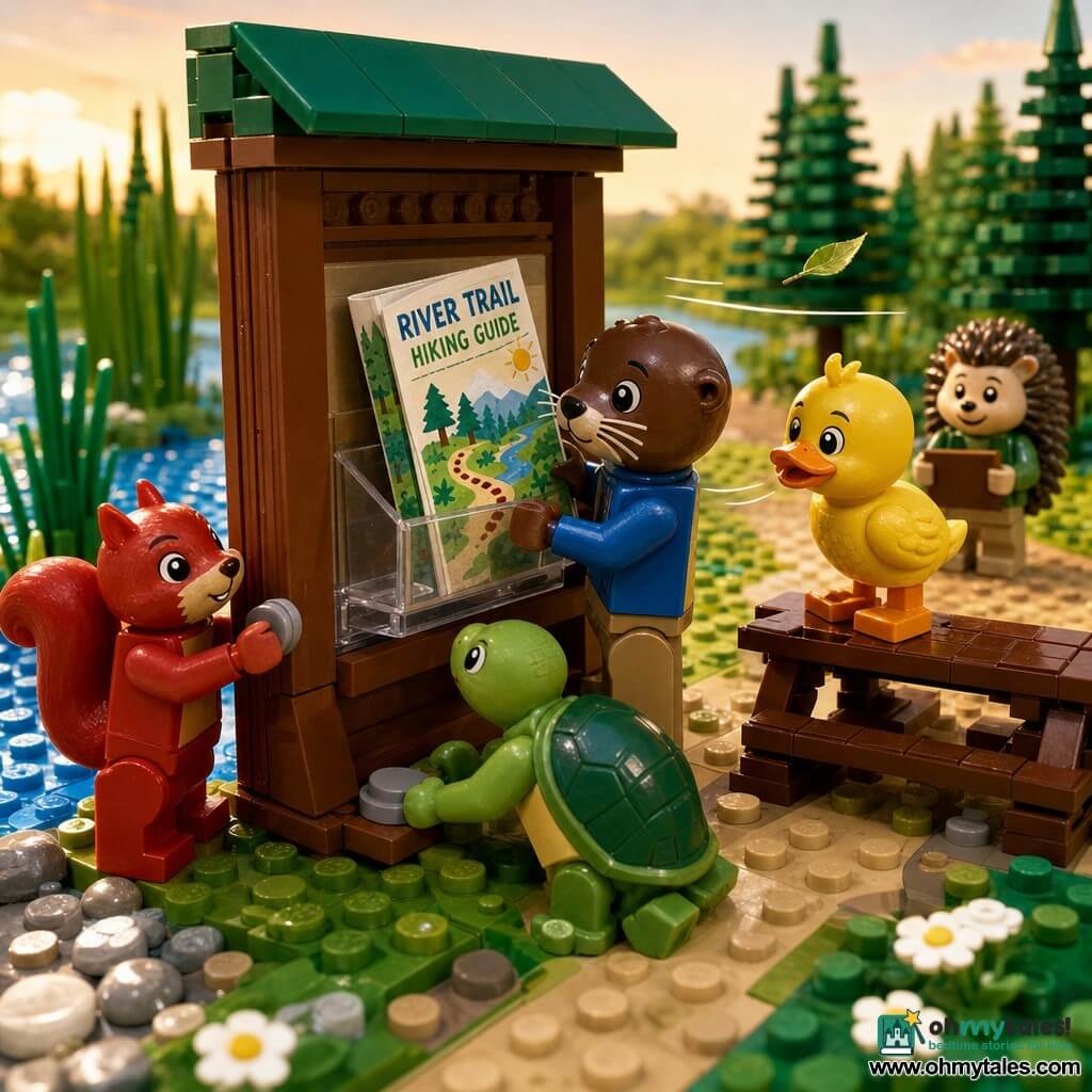 A young anthropomorphic otter (small LEGO otter), glossy brown fur, large round eyes and fine whiskers, gentle focused expression, delicately holding a small colorful paper and sliding it into a clear pocket on a wooden information board; a small red squirrel (LEGO squirrel) with a mischievous but attentive face stands left, holding a flat stone to prop the pocket; a yellow duckling (LEGO duckling) with textured feathers on the picnic table to the right, head tilted, gently blowing the paper against the breeze; a calm green turtle (LEGO turtle) with a textured shell placing a flat stone to stabilize the board; a small hedgehog (LEGO hedgehog) standing back on the path with a brown sketchbook, smiling and watching; setting: a lively riverside trail built of bricks with a wooden info board, tall green reed bricks, sparkling blue-plate river, grassy area with white daisies, pale orange summer sky and a few shiny round pebbles at the water’s edge; main situation: friends working together to put a trail guide into the board pocket against a light breeze—warm, teamwork-focused summer scene.