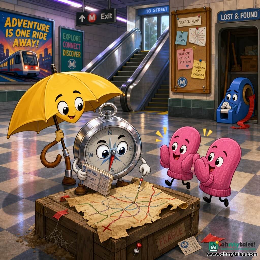 The main character is a small polished anthropomorphic metal compass with a focused, curious expression, a drawn brow and a large reflective glass eye; it holds a notebook made of folded subway tickets and points a tiny needle to the floor as if marking a clue. A second character is a friendly yellow anthropomorphic umbrella with a curved wooden handle like an arm, leaning slightly toward the compass and standing just behind and left of it. A third is a pair of joyful pink mittens with bouncy little paws, placed in front of the compass and clapping. A fourth is a shy, regretful blue tape dispenser near a storage alcove with a strip of red tape trailing behind it. The scene is an indoor metro station with a wide checkerboard tiled platform, colorful posters on the wall, a shiny metal escalator rising to a glass door, a wooden notice board with visible pins, soft neon light and floor reflections. The little investigators have just found a rolled, slightly torn map on a dusty crate near the tunnel entrance; composition shows the compass unfolding the map, the umbrella leaning in to look, the mittens applauding and the tape dispenser in the background, with small details like bits of red tape, a pin and a subway ticket and warm contrasting colors.