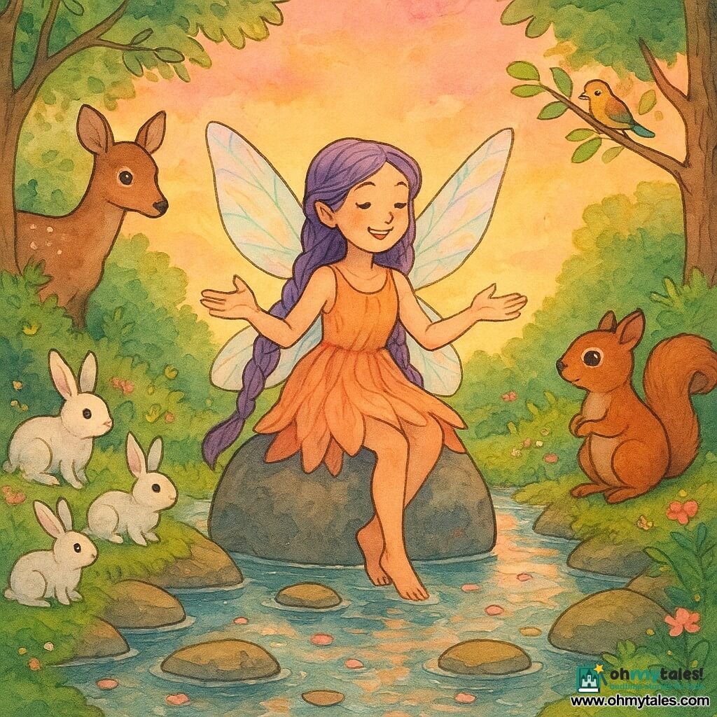 A girl fairy named Lila, joyful and serene, with iridescent translucent wings, long braided purple hair, wearing a light salmon-petal dress, perched on a smooth stone in a clear stream telling a story with open hands and a gentle smile; a small lively male squirrel named Pip, brushed red fur and bright round eyes, sits on the right bank with paws together, listening and facing Lila; a shy spotted brown stag stands behind bushes on the left, ears perked watching; several small white rabbits and colorful birds gathered on nearby stones and branches, still and attentive; setting: a path of polished stones across a crystal-clear stream, banks covered in multicolored flowers and soft green moss, tall textured trees with luminous leaves, pink-and-gold sunset sky reflected in the water; main scene: twilight storytelling session, calm warm atmosphere, soft light on faces, sparkling water bubbles and petals floating on the current.