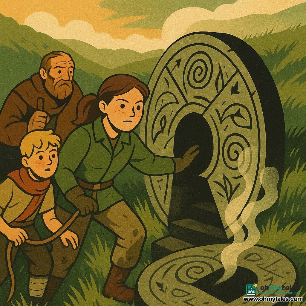 A determined young female explorer with a round freckled face and brown ponytail, wearing a green canvas jacket and muddy trousers, gloved hand on the edge of an ancient stone disc that is being pried up, looking curious but cautious; a nervous yet loyal 12-year-old boy, Ivo, with messy blond hair and a red scarf, holding the rope tied to the woman's waist and watching the open trap behind her from the right; a wary 14-year-old, Senn, injured at the ankle with wet socks and an improvised bandage, clinging to Ivo's shoulder on the left and looking toward the dark opening; an older shepherd, Jor, about 50, wrinkled and bearded in a worn wool coat, sitting or leaning behind them, exhausted but relieved, holding a walking staff; the setting is a bowl-shaped grassy hollow with bright tall grass, milky low fog rising from the stone disc, flat stones engraved with spirals and arrows, and dim late-afternoon light through the mist; the main scene shows the large round stone disc partly lifted with a wooden lever, a black stepped opening descending into a carved tunnel, cold steam rising, and spiral and leaf motifs on the stone — a tense moment of imminent discovery.