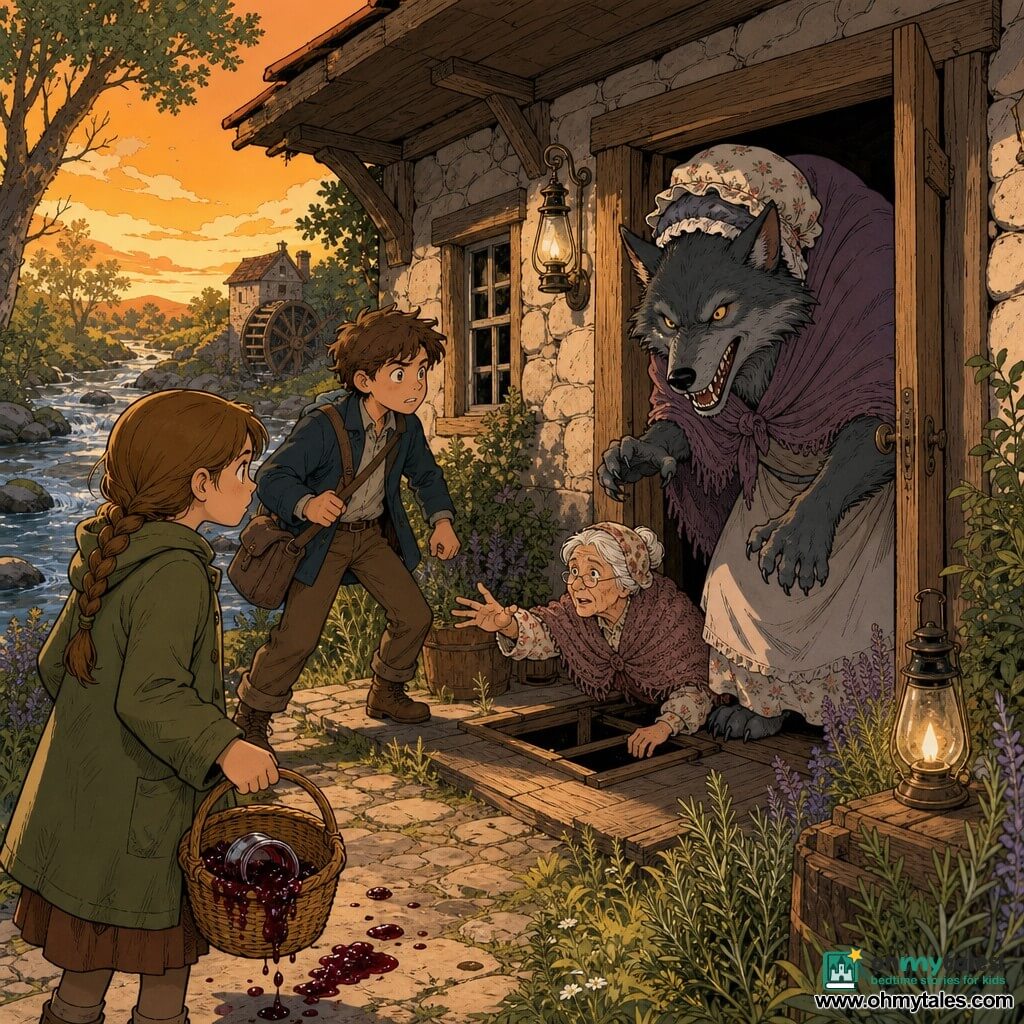 Four characters: Mara, 11, light brown braided hair, olive coat, focused, holding a jam-stained wicker basket, standing front left looking at the cottage door; Jonas, 11, messy brown hair, shoulder bag, anxious but determined, slightly behind Mara to the right, ready to move; Mrs. Alder, ~75, small with white hair in a bun, floral cap and knitted shawl, emerging from a trapdoor near the door, hand out toward the children, aged but brave; a large wolf disguised as an old woman: massive slate-gray fur, piercing yellow eyes, poorly fitting cap and shawl, standing in the cottage doorway with an overly wide grin showing sharp white teeth, body turned toward the children as if about to lunge. Setting: small stone-and-timber cottage by a silvery stream, worn wooden porch, wild herb garden, oil lamps and a distant millstone, warm late-afternoon light casting long shadows. Scene: tense, dynamic confrontation—the wolf blocks the door, children protect the old woman emerging from a trapdoor, spilled baskets and jam droplets on the path, expressions of defiance and fear; warm colors for the humans and cooler, contrasting tones for the wolf, clear and readable for a young audience.