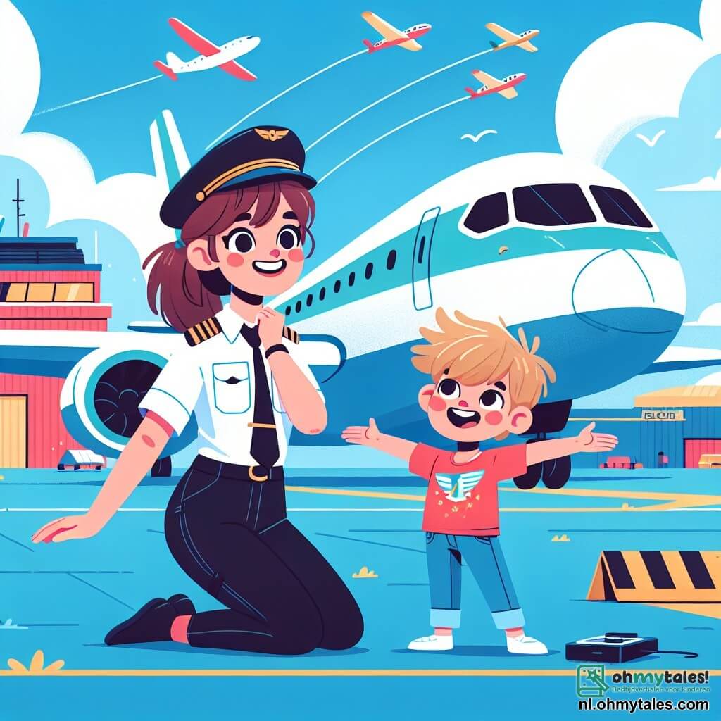 Piloot Petra is een glimlachende vrouw in een heldere blauwe uniform met een mooie pet. Haar ogen stralen van opwinding terwijl ze naast haar grote witte vliegtuig staat, klaar om op te stijgen. Ze heeft kastanjebruin haar in een paardenstaart en kijkt trots naar haar toestel met haar armen over elkaar. Max, een jongetje van ongeveer 7 jaar, staat dichtbij met verwonderde ogen. Hij heeft rommelig blond haar en draagt een rode t-shirt met een vliegtuigtekening. Hij steekt zijn armen omhoog alsof hij vliegt, met een grote glimlach op zijn gezicht. De scène speelt zich af op een zonnige luchthaven met een helderblauwe lucht en enkele donzige witte wolken. Op de achtergrond zijn er kleurrijke vliegtuighangars en andere vliegtuigen op de tarmac, terwijl vogels vrolijk in de lucht vliegen. De hoofdscène toont Petra en Max net voor de take-off, die een moment van vreugde en opwinding delen. Petra legt aan Max uit hoe haar vliegtuig werkt, terwijl Max droomt om ooit piloot te worden, met zijn armen uitgestrekt als vleugels.