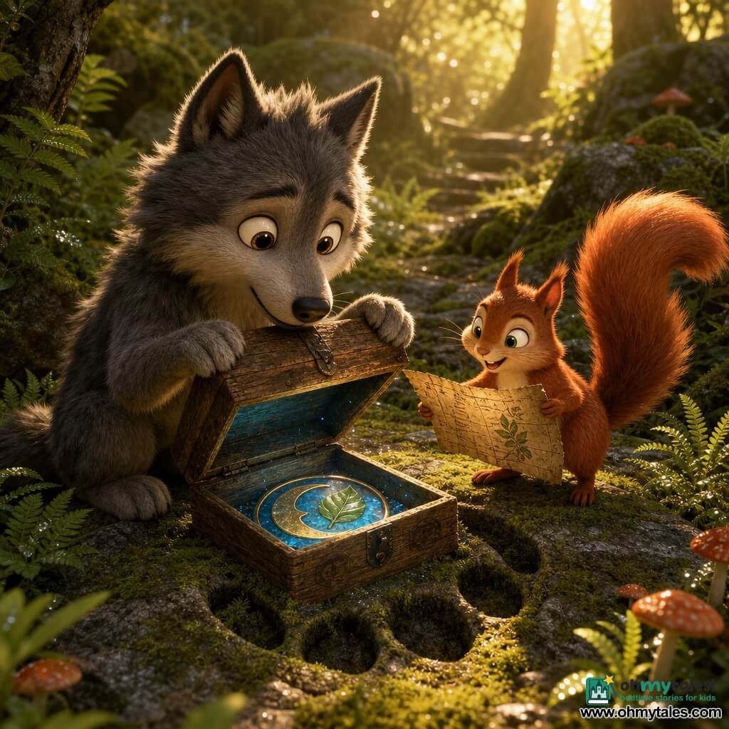 A small grey wolf (main character) with fluffy fur and wide amber eyes kneels to open an old weathered wooden box set in a mossy paw-shaped stone hollow; a red squirrel (secondary) with a long bushy tail stands on its hind legs beside him, holding a corner of a crumpled old map and looking at the box excitedly. The paw-shaped stone is covered in green moss and tiny ferns; the box reveals a blue crest with a golden moon and a sparkling green leaf. The setting is a fern-filled forest hollow with sunbeams filtering through branches, dewdrops on leaves, small red mushrooms and a mossy stone path in the background. The main scene is a magical discovery of a family treasure—the box opens and the crest glows; mood joyful and wondrous, warm contrasting colors, soft realistic textures, golden lighting and an intimate adventurous atmosphere.
