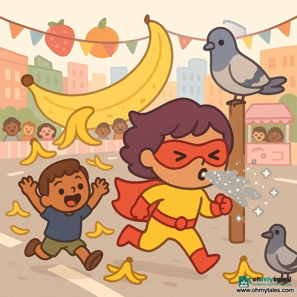 A 25–30-year-old female superhero with a round face, determined smile, short tousled purple hair, bright yellow costume and red cape sneezing a shower of silver glitter as she runs forward; a male pigeon named Dave, pearl-gray with a blue wing spot, perches nearby with a mischievous look and half-open wings; an about-8-year-old brown-haired boy, surprised and laughing, slips on a banana peel in the foreground with arms up; the scene is a city avenue decorated for a parade with colorful bunting, giant fruit balloons, pink candy stalls and pastel buildings; main action: comedic chaos from a runaway banana float scattering yellow peels across the road, the superhero rushes to save the parade with glitter, spectators laugh and slip, bright saturated colors, clean lines and soft outlines.