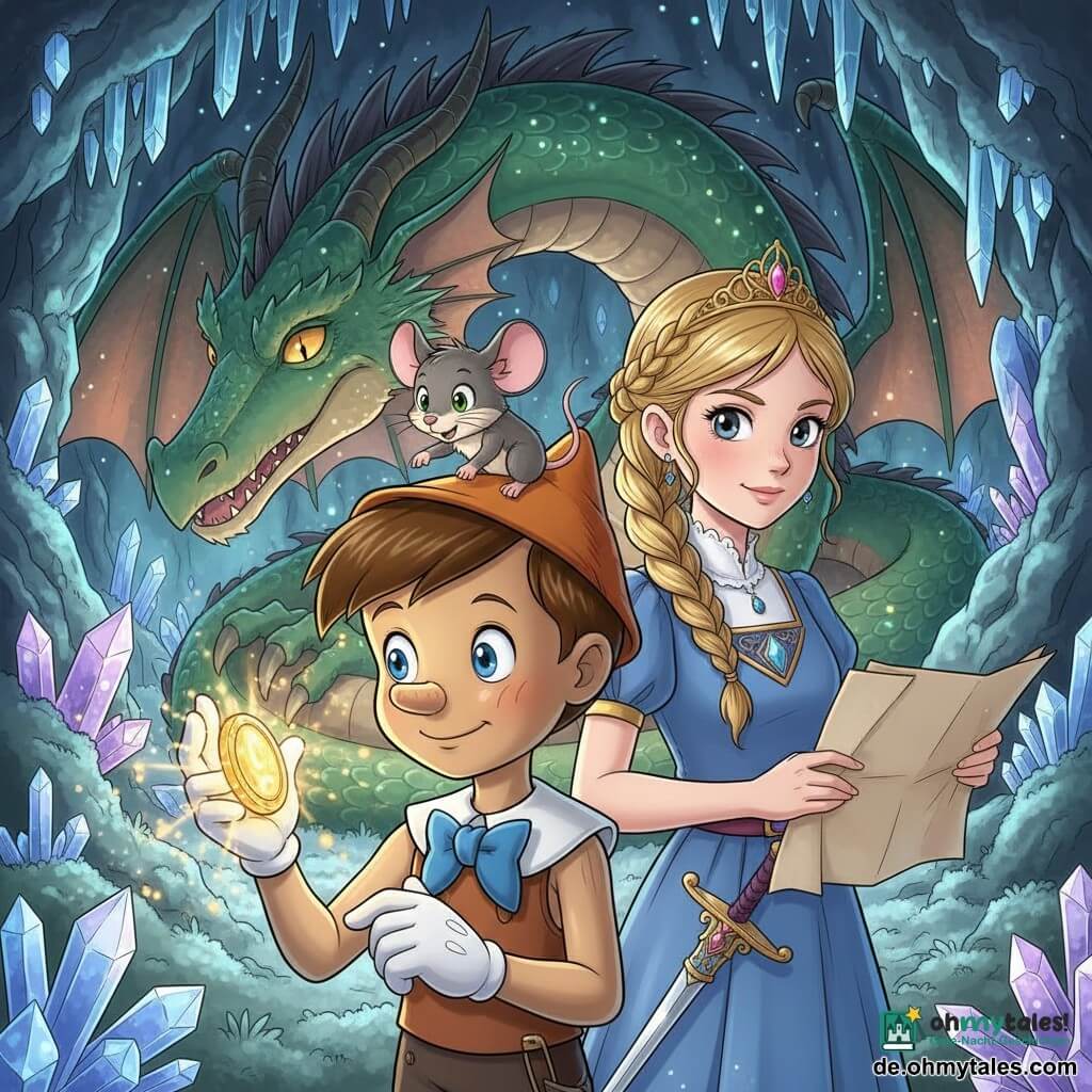 Ein polierter Holzjunge Pinocchio mit sanftem Gesicht und leuchtenden Augen, erstaunt und entschlossen, hält ein funkelndes Amulett, das goldene Partikel aussendet; neben ihm die etwa 12-jährige Prinzessin Leonie mit geflochtenem blondem Haar und kleinem verzierendem Kurzschwert in schützender Pose, stolz blickend; auf Pinocchios Schulter die kleine graue Maus Gino mit wachen Augen, die mit der Pfote auf eine zusammengerollte Karte zeigt; im Hintergrund ein großer wohlwollender Drache mit smaragdgrünen, violett schimmernden Schuppen und sanft geöffneter Schnauze, die warmes Licht ausstrahlt; Schauplatz: die Höhle des Wissens mit blau-violett leuchtenden Kristallen, funkelnden Stalaktiten und silbrigem Moos am Boden; Atmosphäre: magisches kontrastreiches Licht, goldene Amulettreflexe auf den Gesichtern, warme geheimnisvolle Stimmung, Farbpalette grün/blau/gold/violett, nahe Perspektive, zentrierte Komposition im Manga-Stil mit klaren Linien, ausdrucksstarken Augen und detaillierten Texturen von Holz, Schuppen und Kristallen.