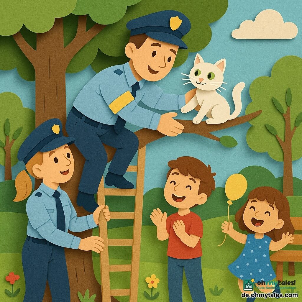 Ein lächelnder, konzentrierter Polizist um die dreißig mit kurzen braunen Haaren in hellblauer Uniform und gelbem Armband klettert langsam an einem dicken Baumstamm und streckt die Arme, um eine kleine weiße Katze zu erreichen; eine etwa 28-jährige Polizeibeamtin mit blonden Haaren im Pferdeschwanz hält am Fuß des Baums eine Leiter und blickt nach oben; ein siebenjähriger Junge mit kastanienbraunen Haaren und rotem T‑Shirt klatscht zwei Meter entfernt, ein sechsjähriges Mädchen im blau gepunkteten Kleid hält einen kleinen gelben Ballon und springt vor Freude; die kleine Katze mit weißem Fell, grünen Augen und zitternden Schnurrhaaren hängt an einem hohen, aber erreichbaren Ast; der sonnige Park mit grünem Gras, bunten Blumen, einer Holzbank rechts, Bäumen und blauem Himmel mit ein paar fluffigen Wolken zeigt die behutsame Rettung der Katze, warme Atmosphäre, klare Komposition, lebhafte Farben sowie papiergeschnittene Silhouetten und sichtbare Papiertexturen.